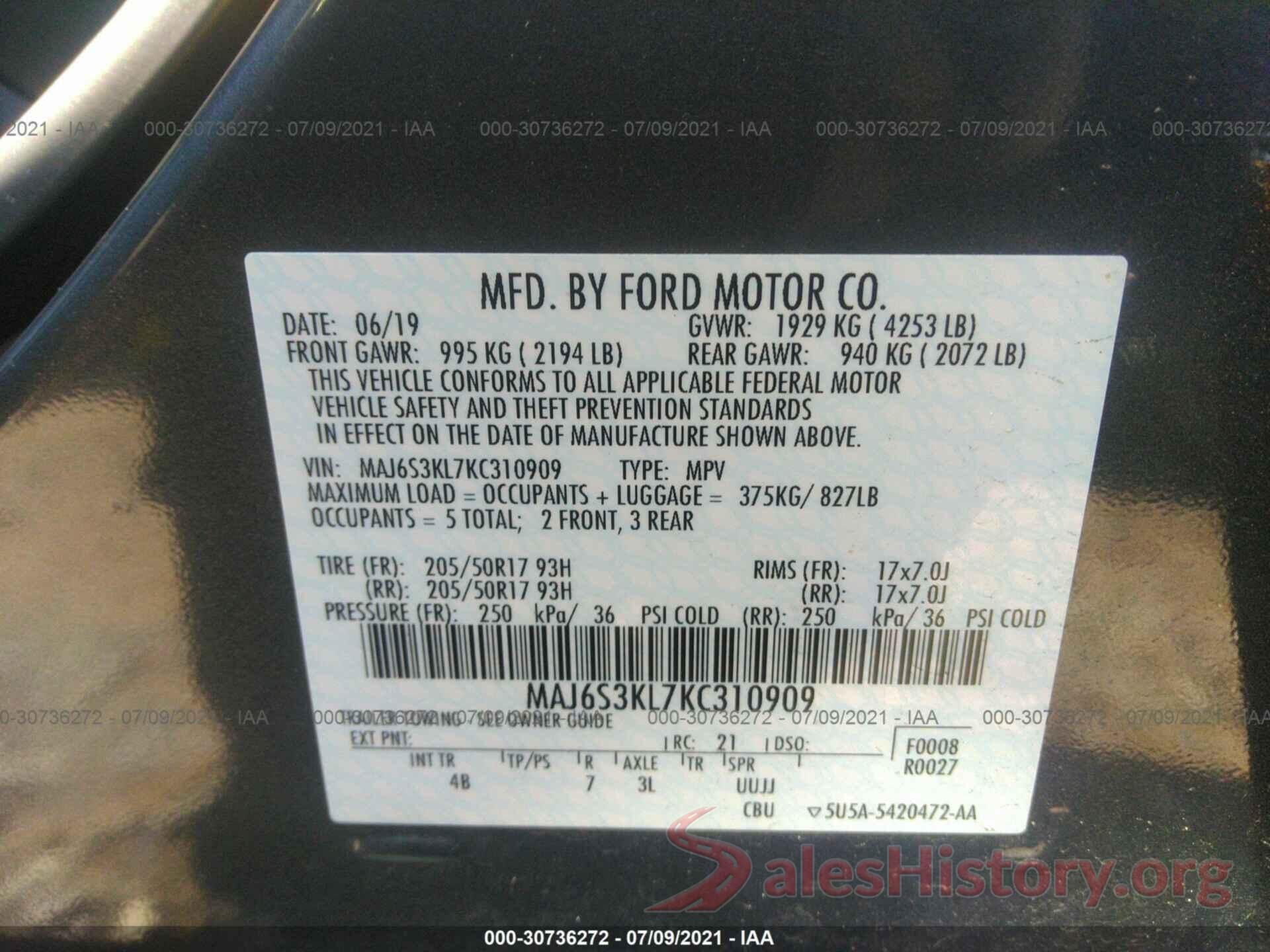 MAJ6S3KL7KC310909 2019 FORD ECOSPORT