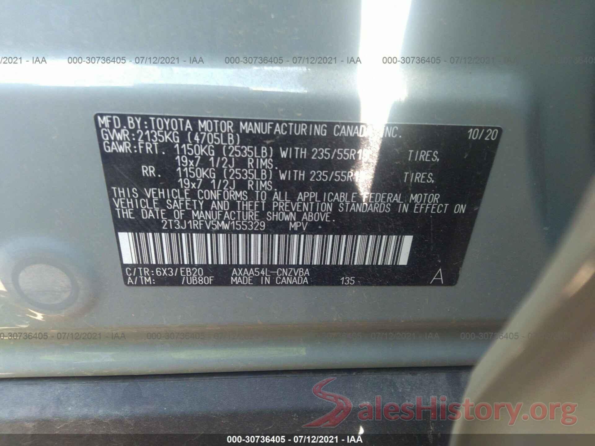 2T3J1RFV5MW155329 2021 TOYOTA RAV4