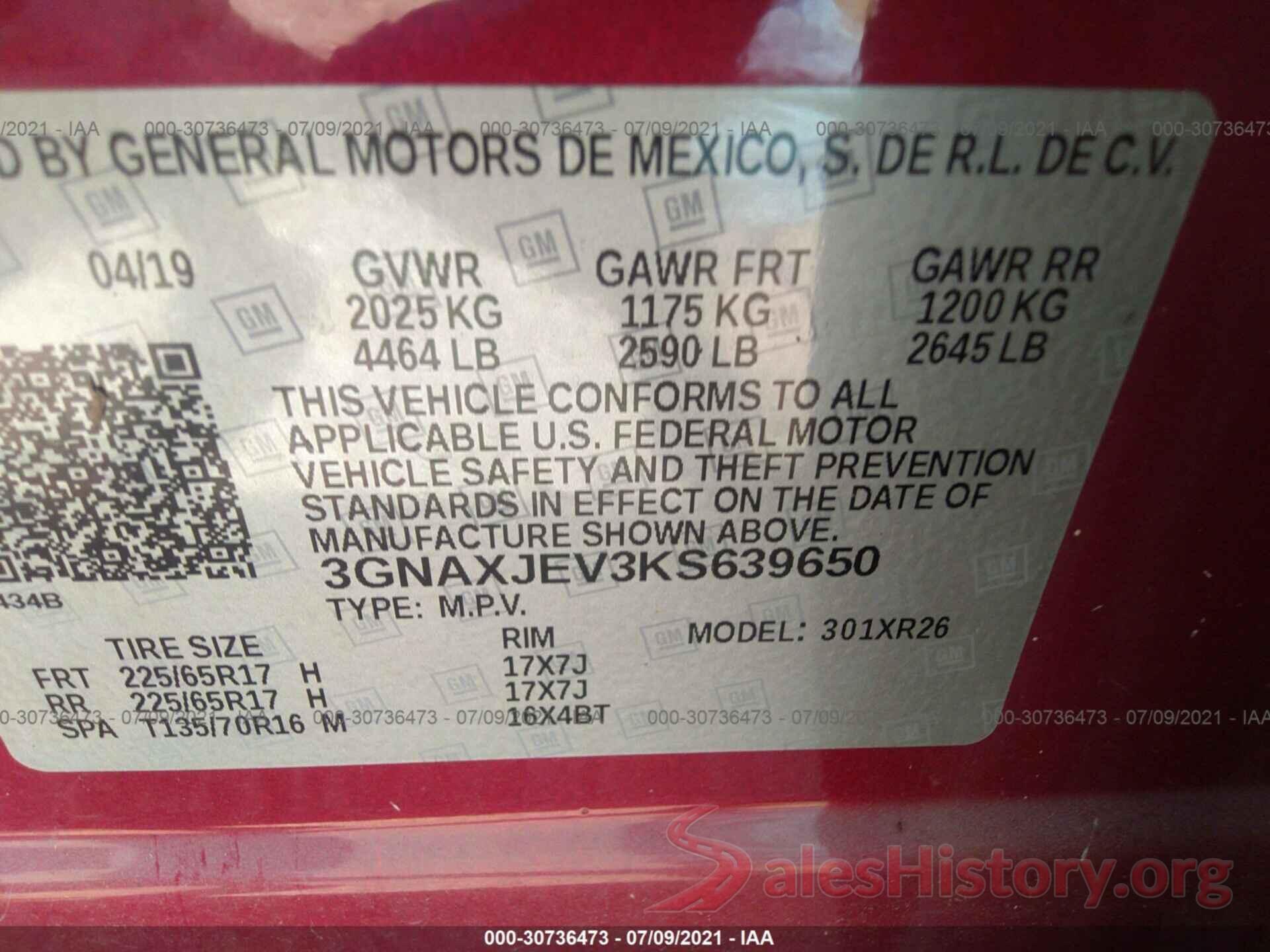 3GNAXJEV3KS639650 2019 CHEVROLET EQUINOX