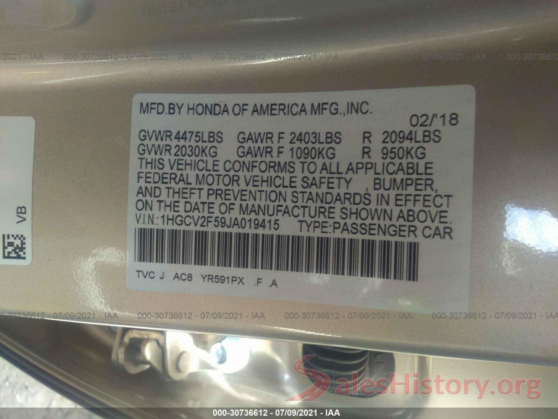 1HGCV2F59JA019415 2018 HONDA ACCORD SEDAN