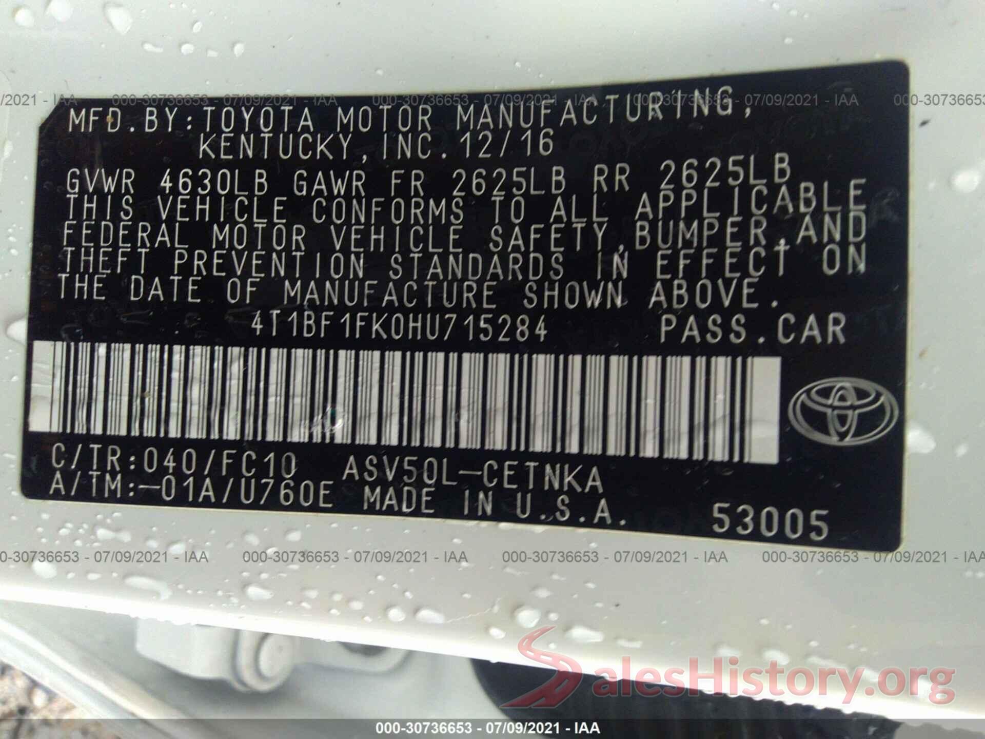 4T1BF1FK0HU715284 2017 TOYOTA CAMRY