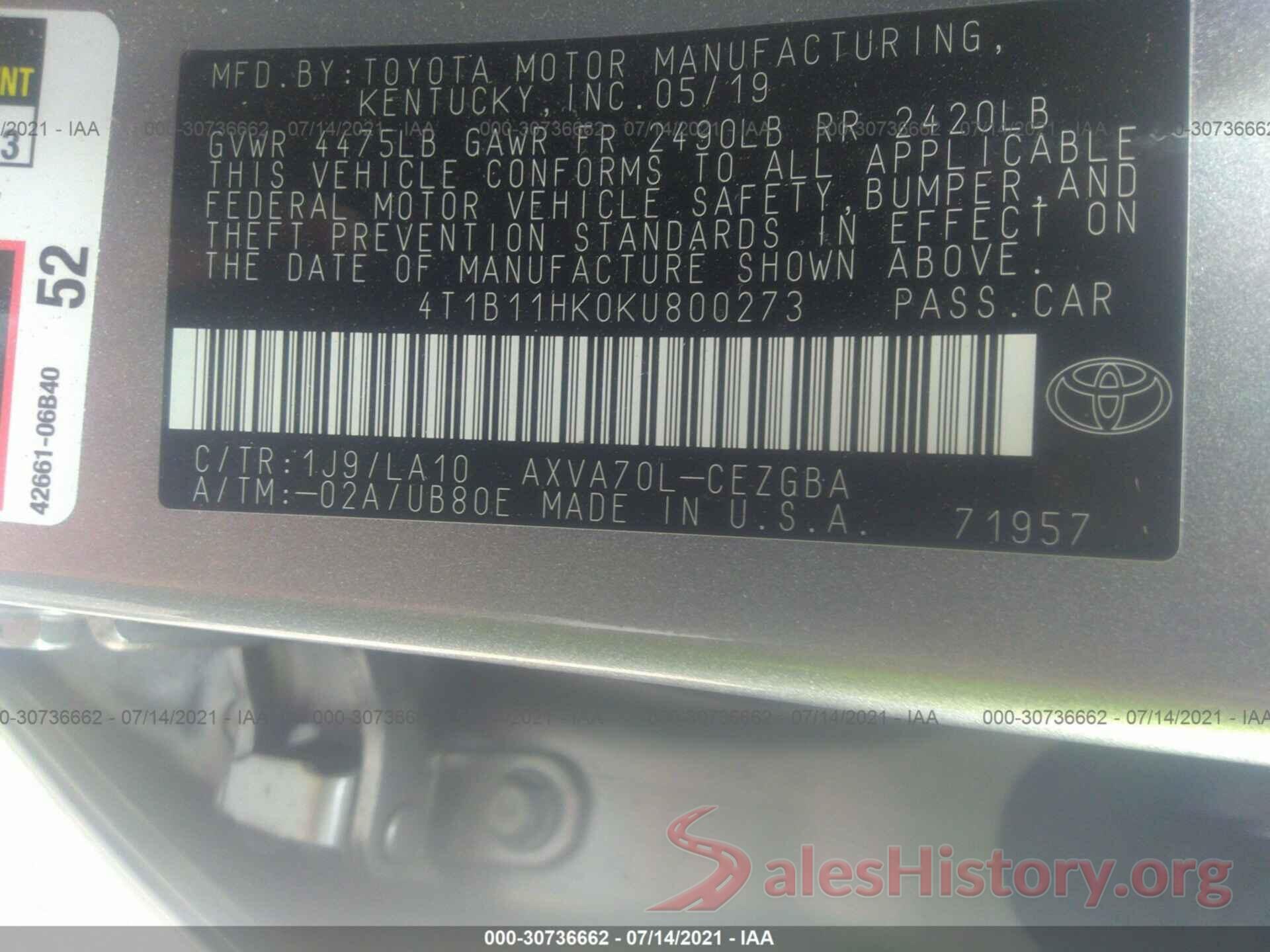 4T1B11HK0KU800273 2019 TOYOTA CAMRY