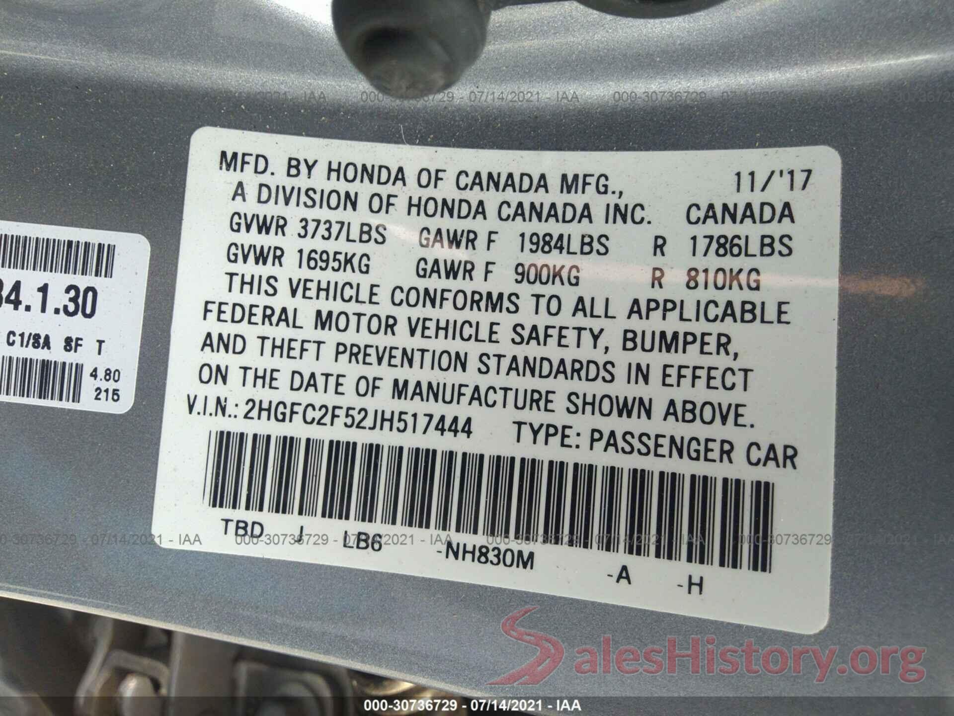 2HGFC2F52JH517444 2018 HONDA CIVIC SEDAN