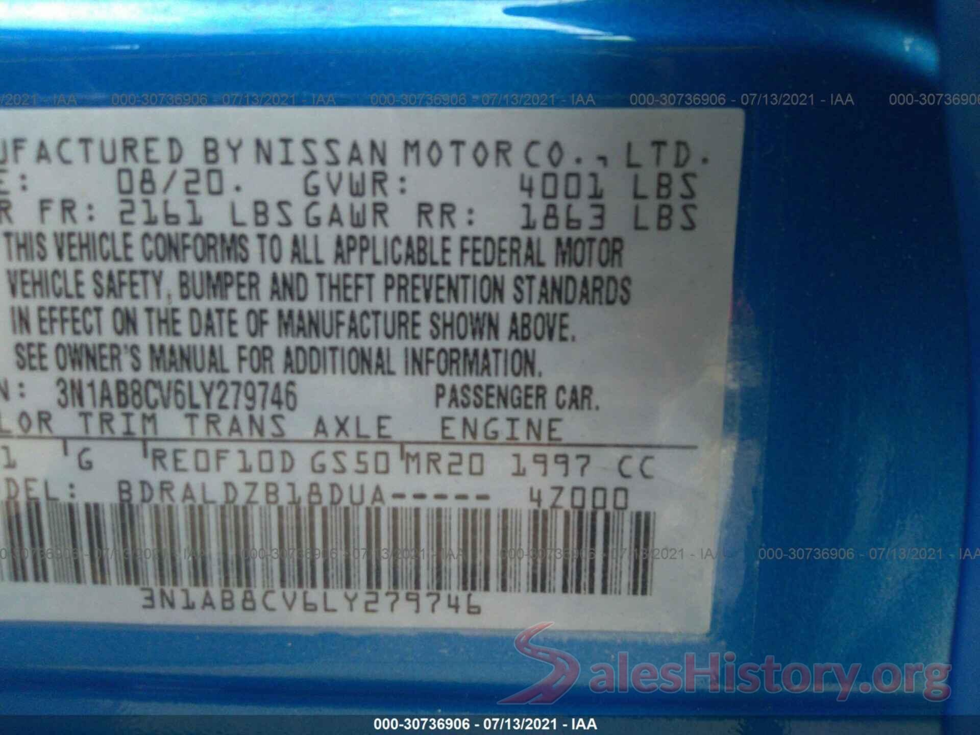 3N1AB8CV6LY279746 2020 NISSAN SENTRA