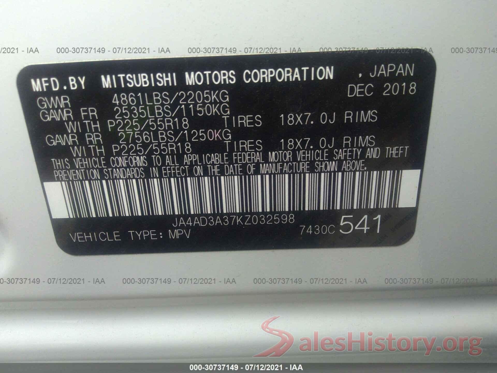 JA4AD3A37KZ032598 2019 MITSUBISHI OUTLANDER