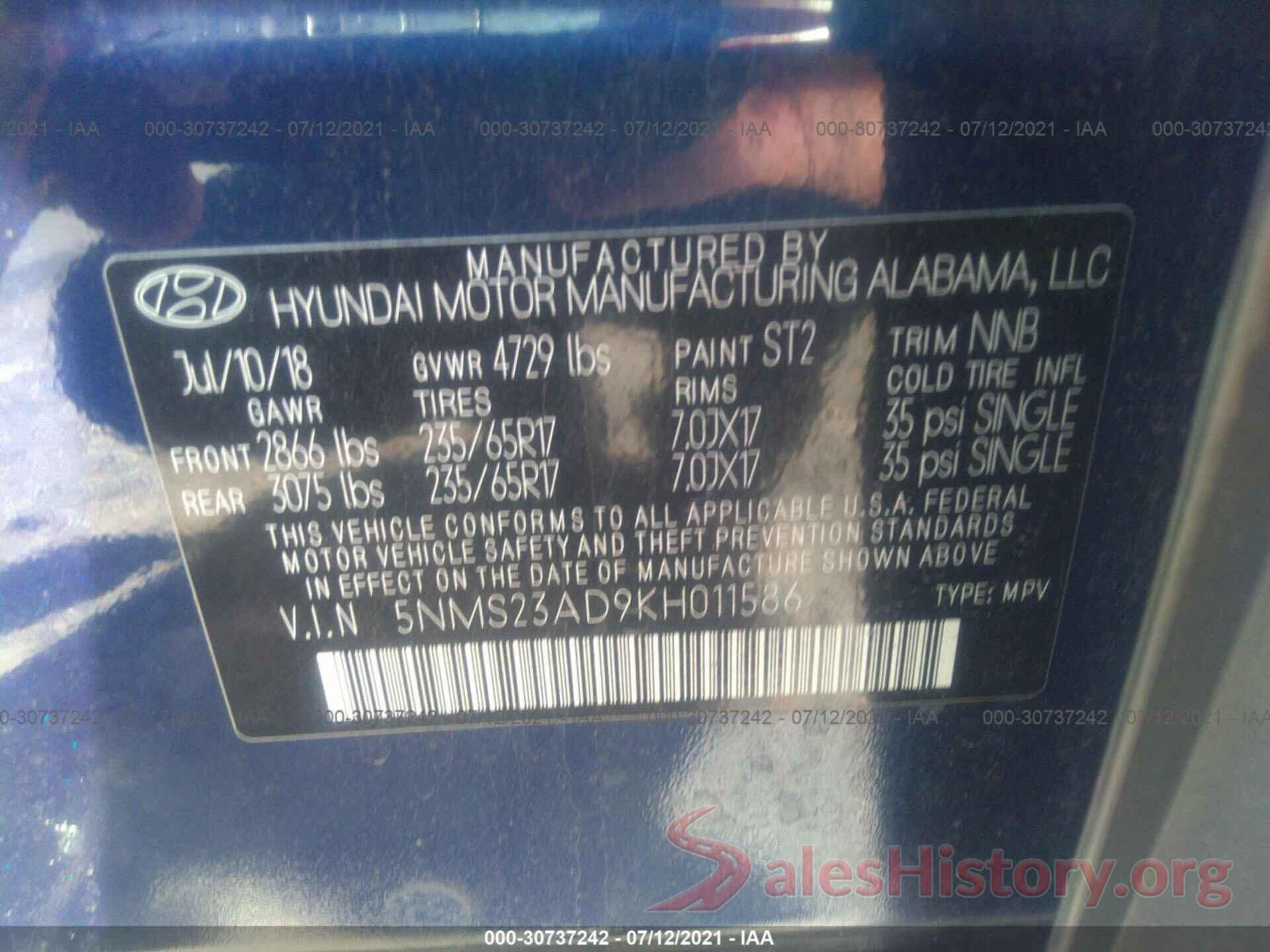 5NMS23AD9KH011586 2019 HYUNDAI SANTA FE