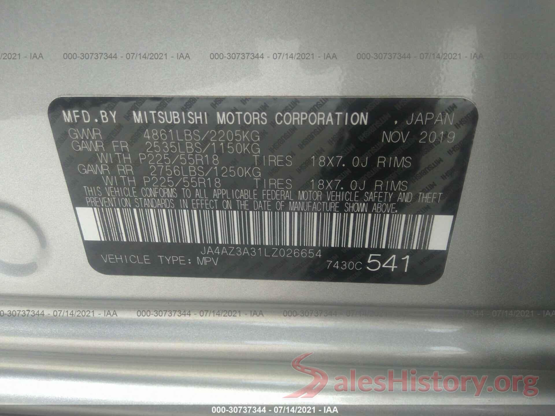 JA4AZ3A31LZ026654 2020 MITSUBISHI OUTLANDER