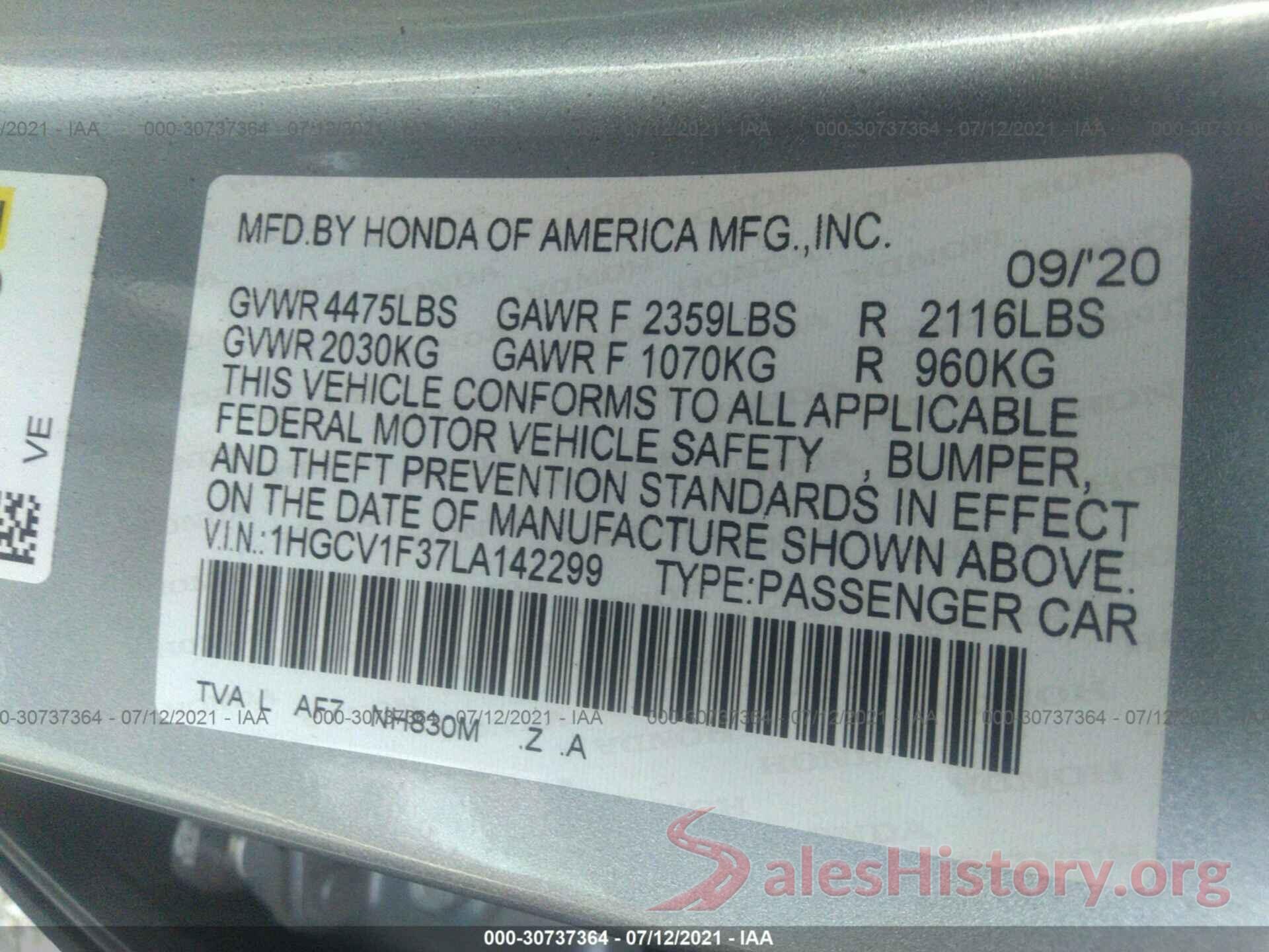 1HGCV1F37LA142299 2020 HONDA ACCORD SEDAN