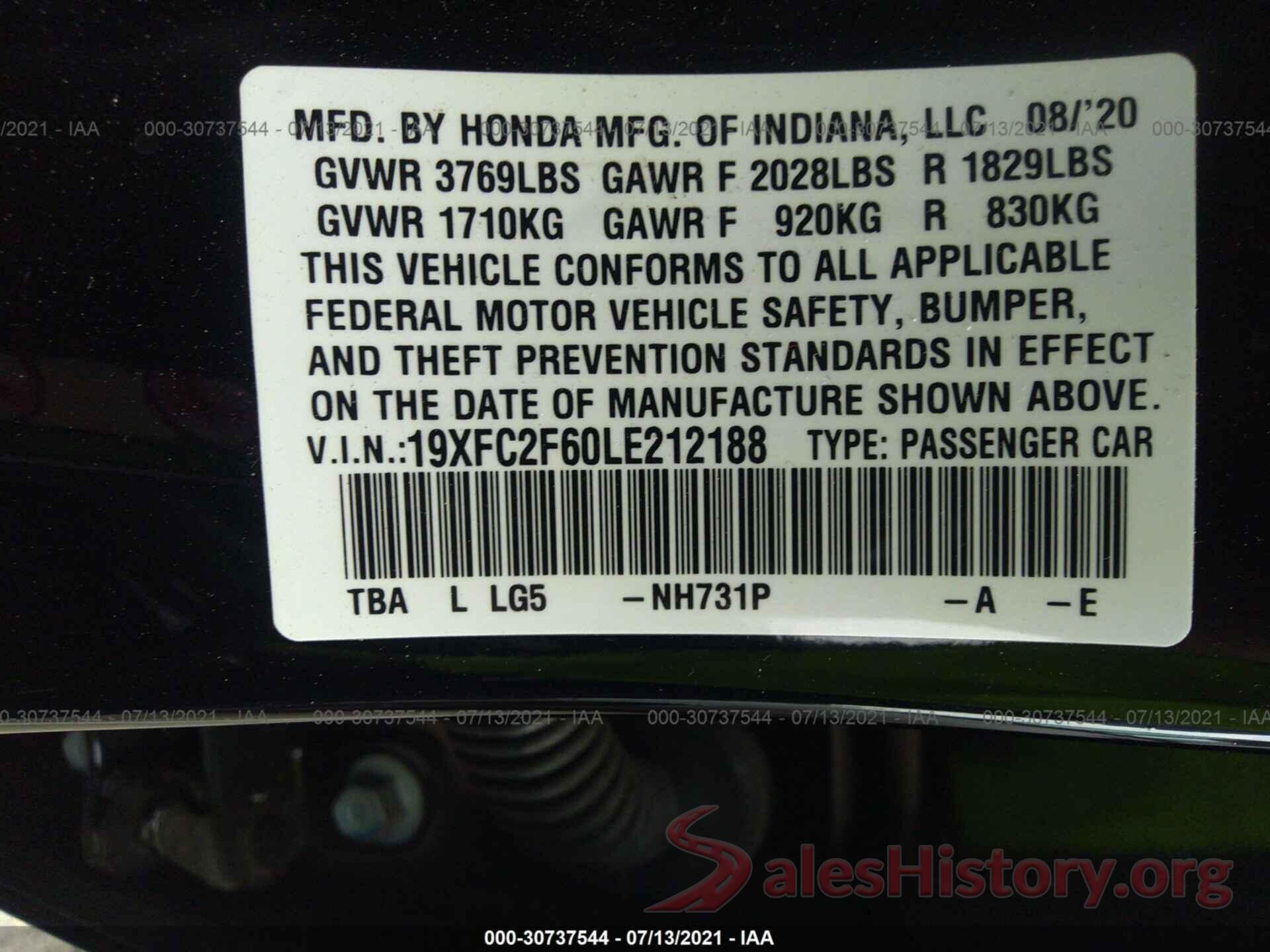 19XFC2F60LE212188 2020 HONDA CIVIC SEDAN