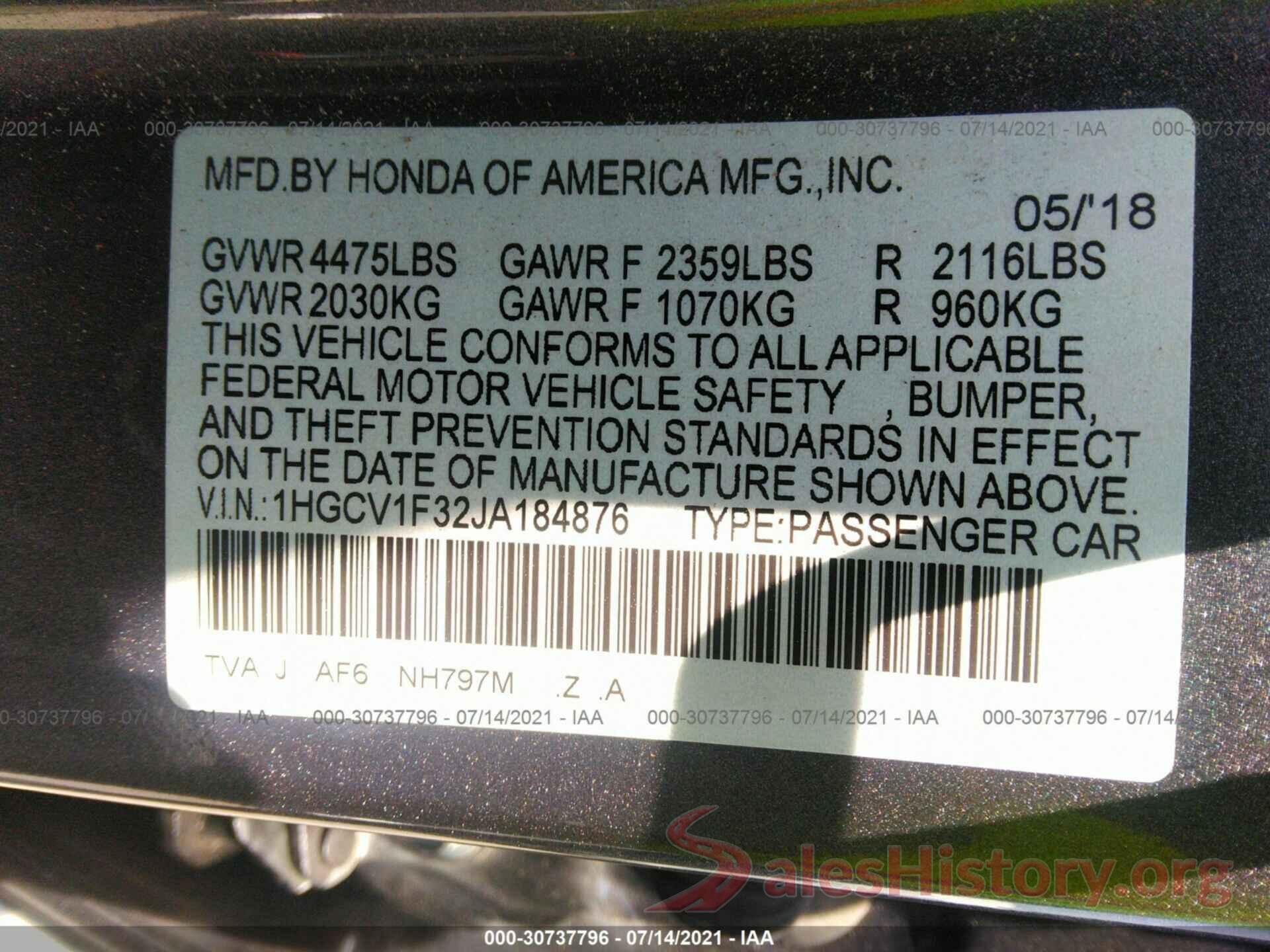 1HGCV1F32JA184876 2018 HONDA ACCORD SEDAN