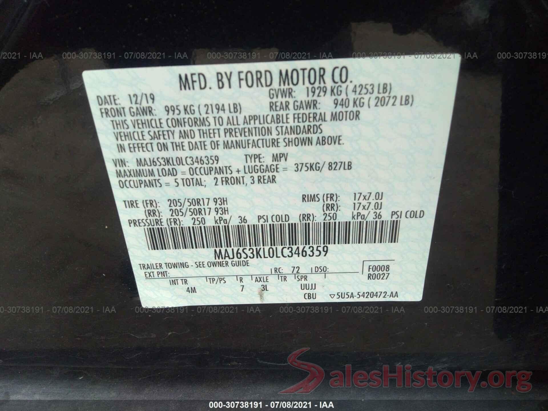 MAJ6S3KL0LC346359 2020 FORD ECOSPORT