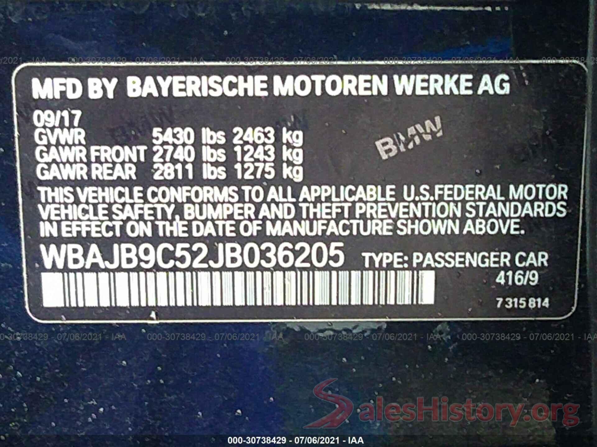 WBAJB9C52JB036205 2018 BMW 5 SERIES