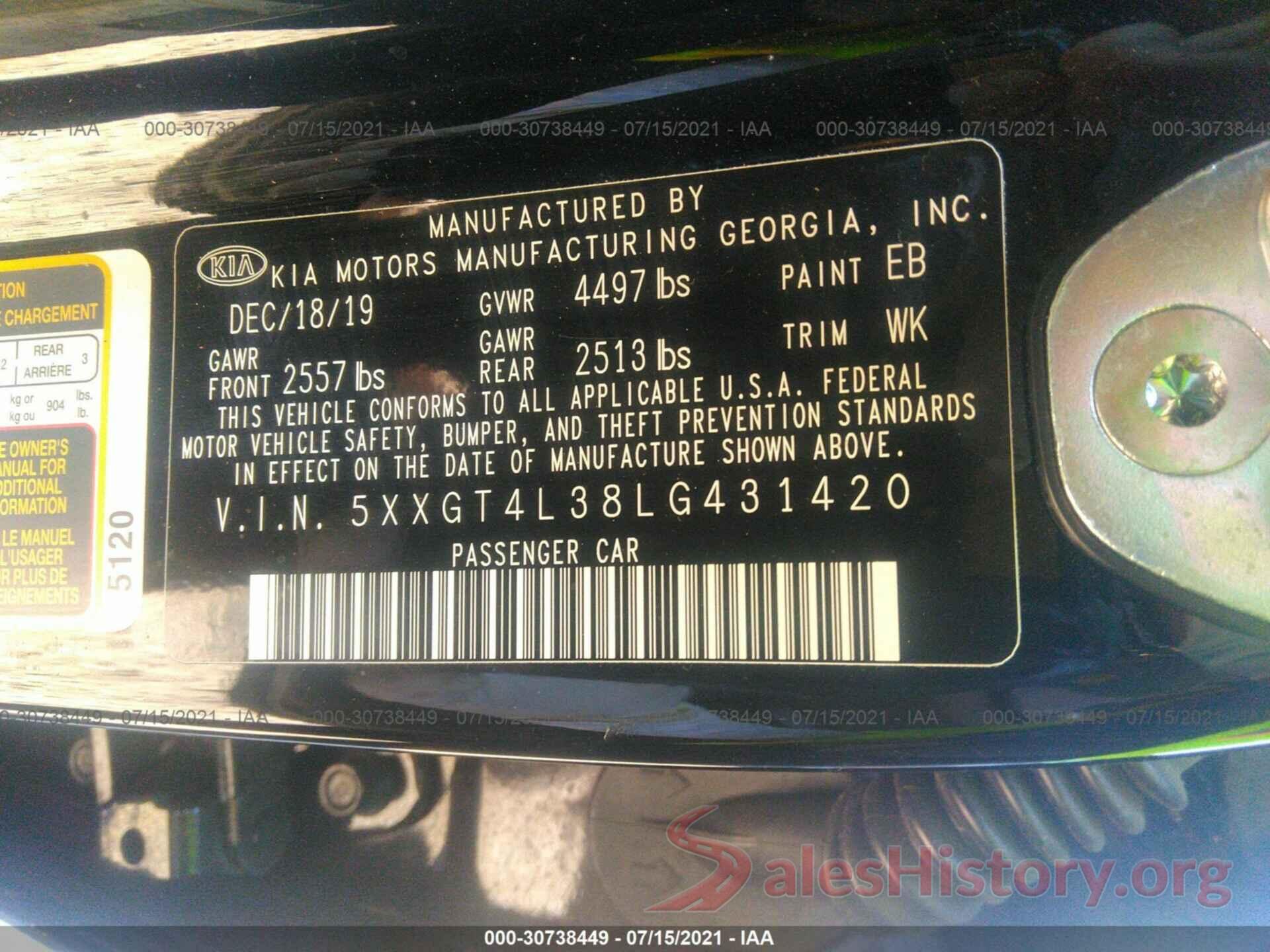 5XXGT4L38LG431420 2020 KIA OPTIMA