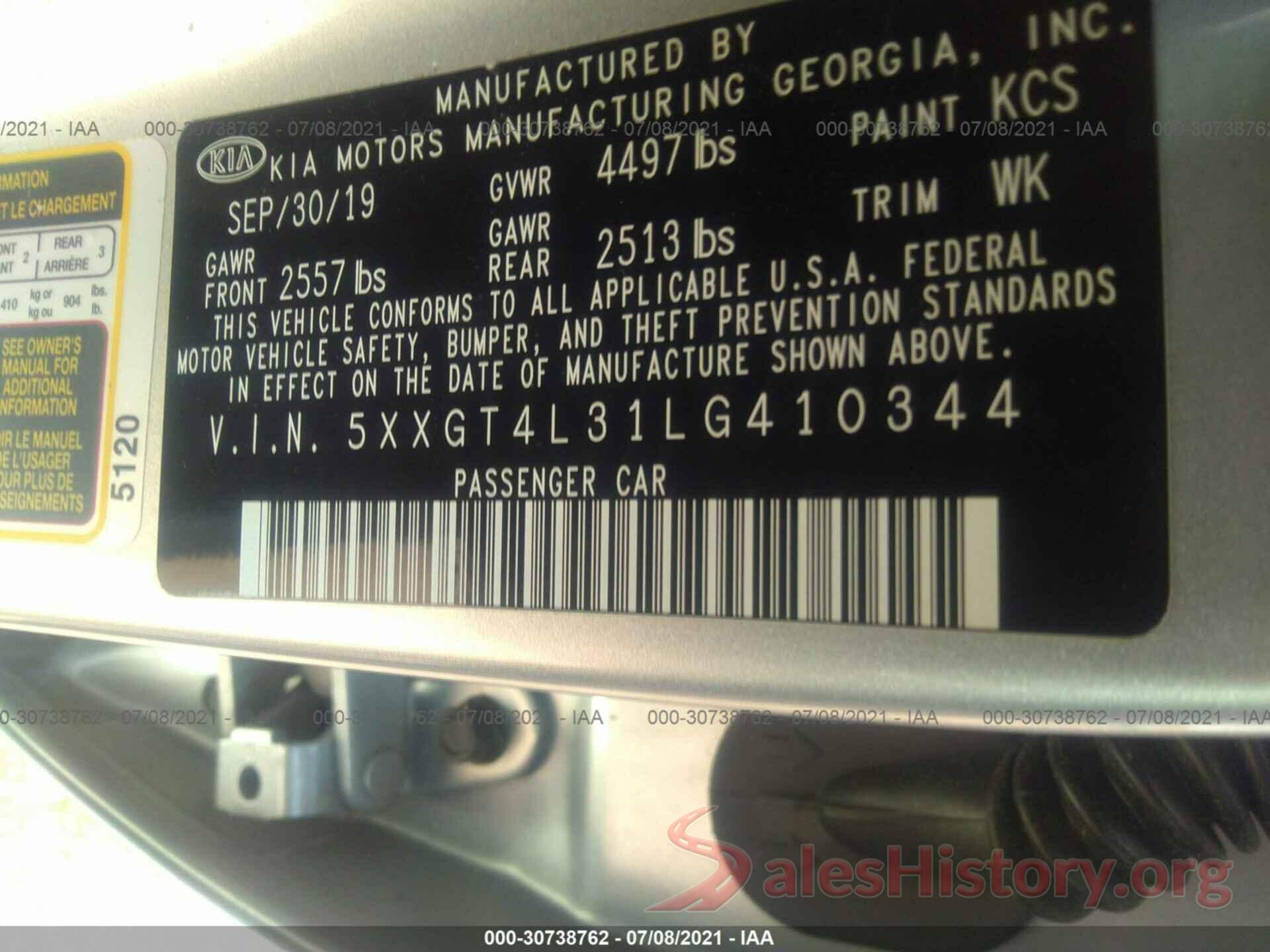 5XXGT4L31LG410344 2020 KIA OPTIMA