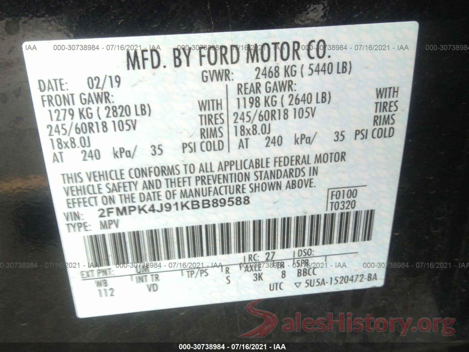 2FMPK4J91KBB89588 2019 FORD EDGE