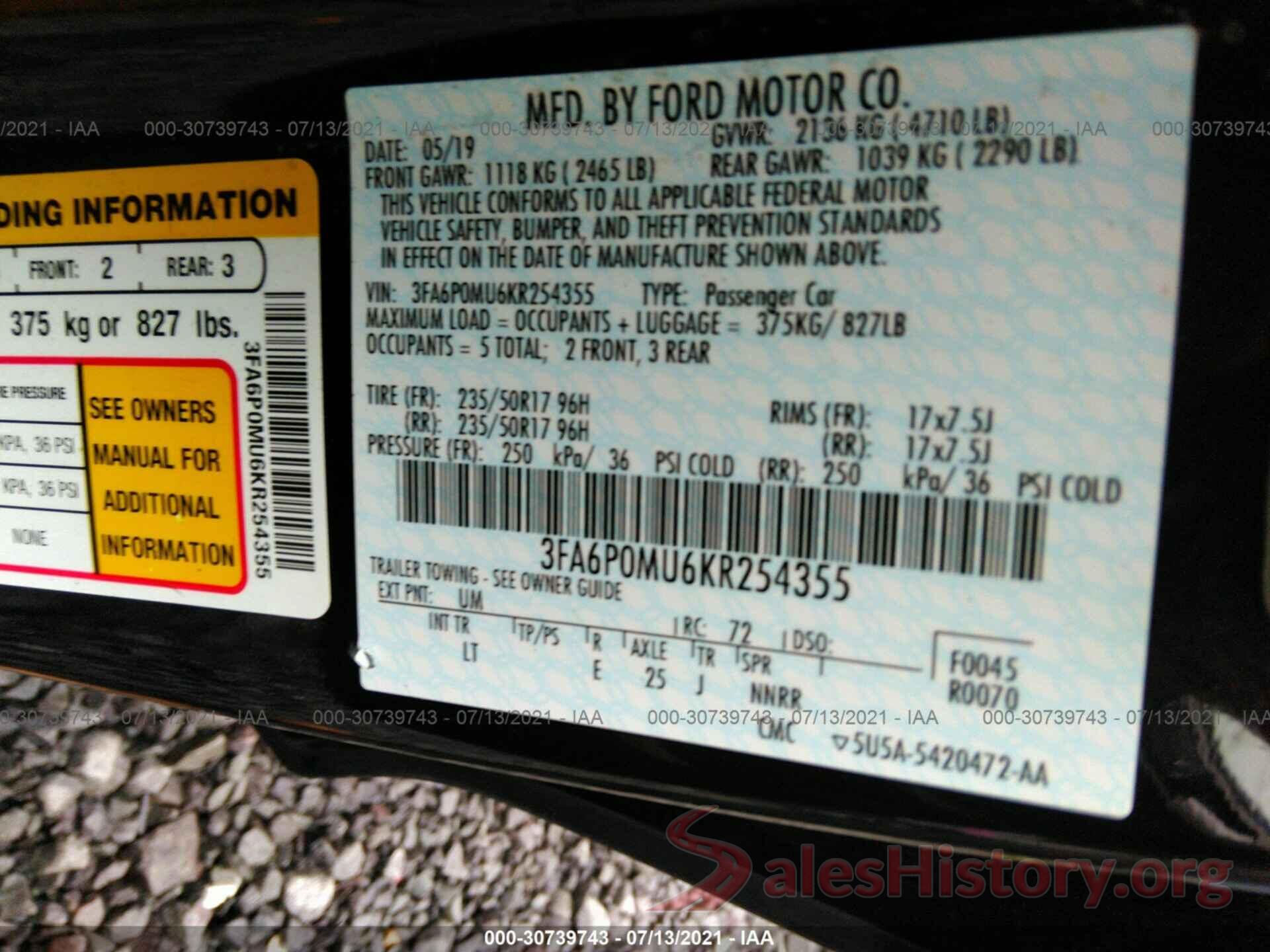 3FA6P0MU6KR254355 2019 FORD FUSION HYBRID