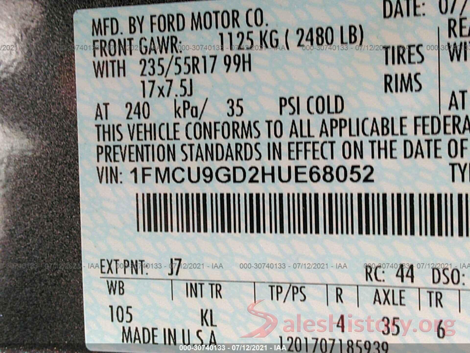 1FMCU9GD2HUE68052 2017 FORD ESCAPE