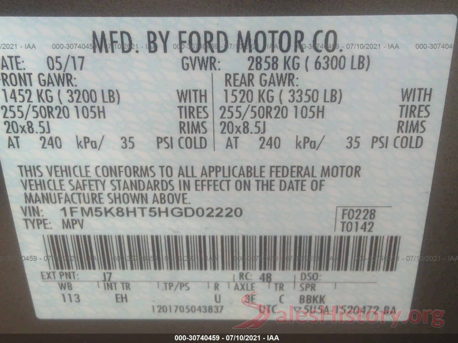 1FM5K8HT5HGD02220 2017 FORD EXPLORER