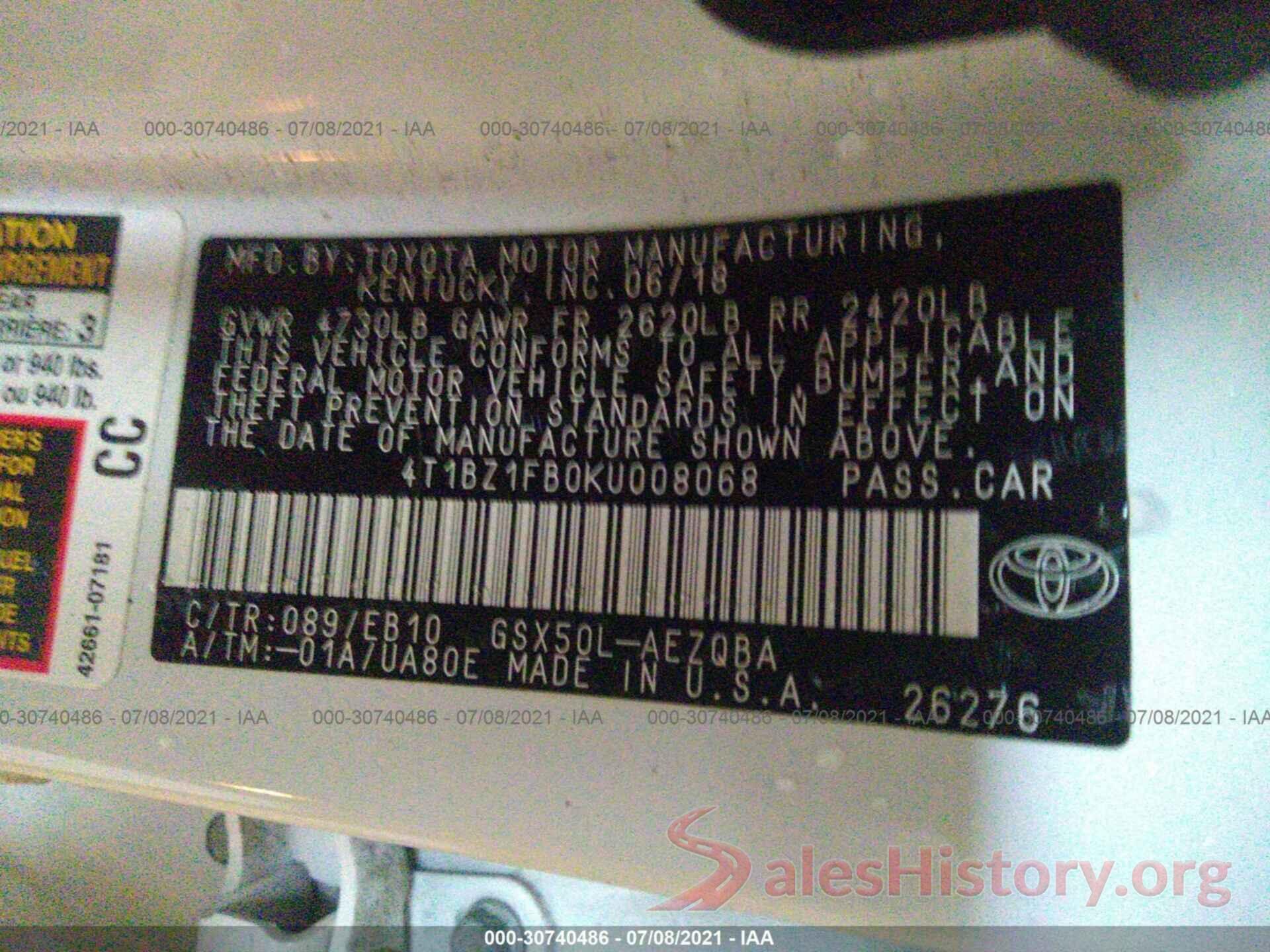 4T1BZ1FB0KU008068 2019 TOYOTA AVALON