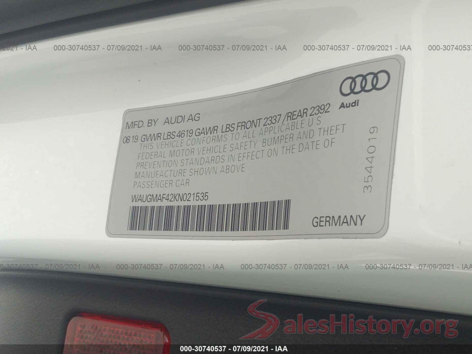 WAUGMAF42KN021535 2019 AUDI A4