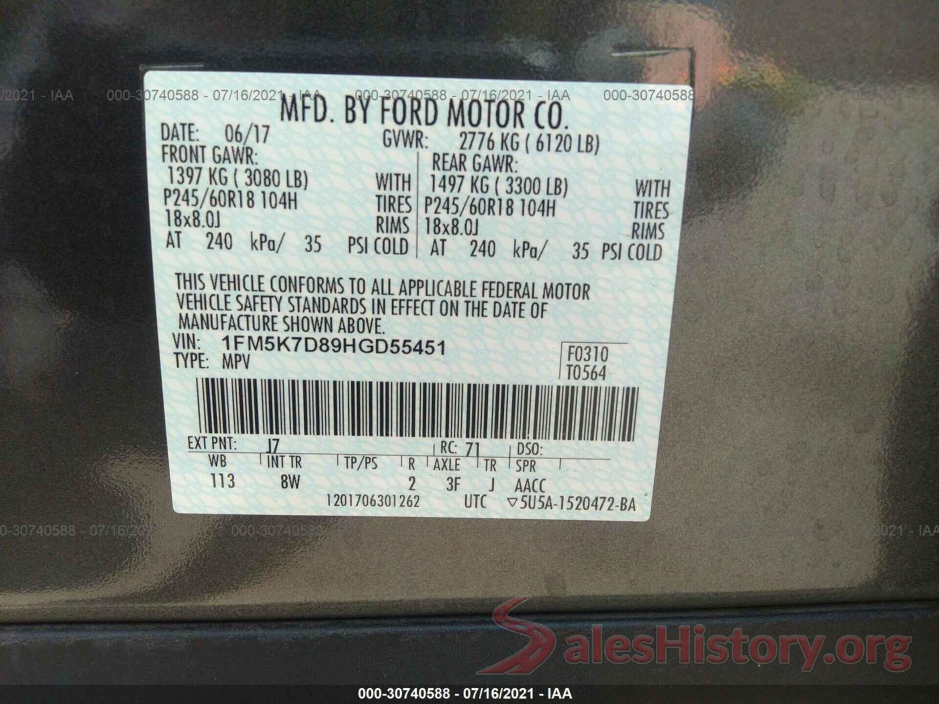 1FM5K7D89HGD55451 2017 FORD EXPLORER