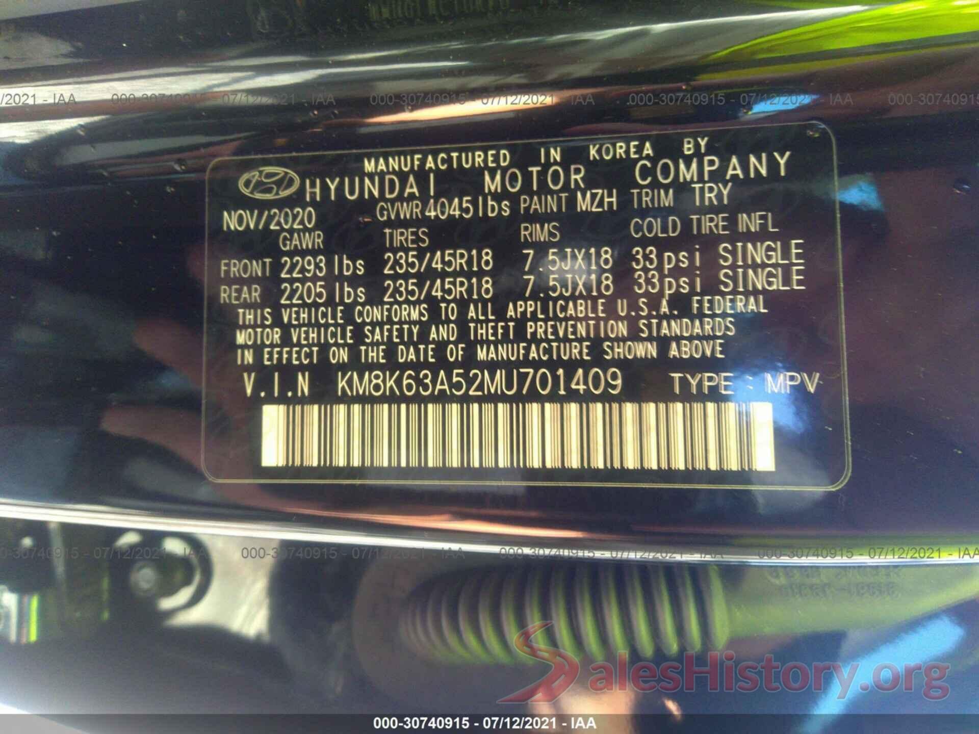 KM8K63A52MU701409 2021 HYUNDAI KONA