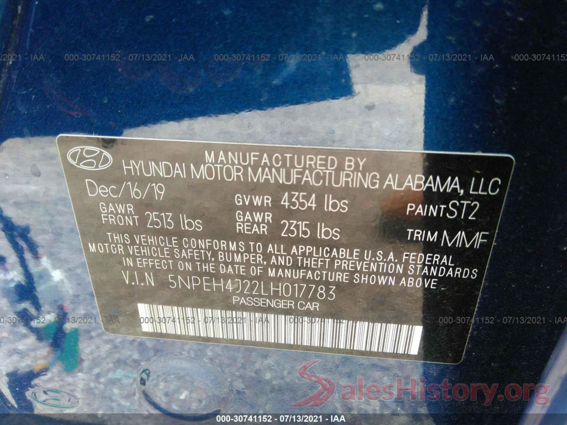 5NPEH4J22LH017783 2020 HYUNDAI SONATA