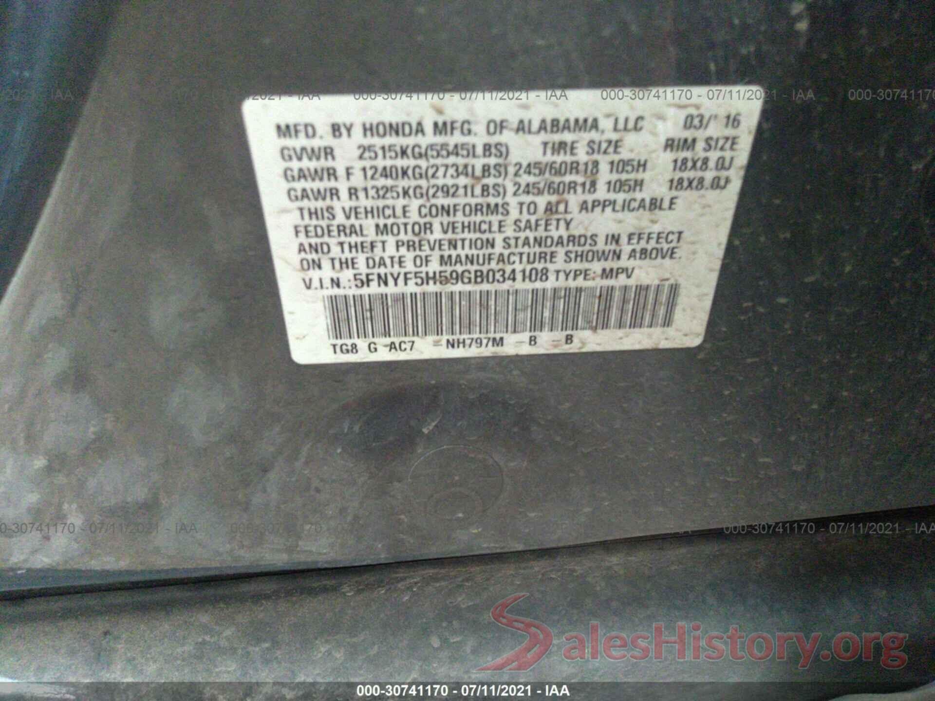 5FNYF5H59GB034108 2016 HONDA PILOT