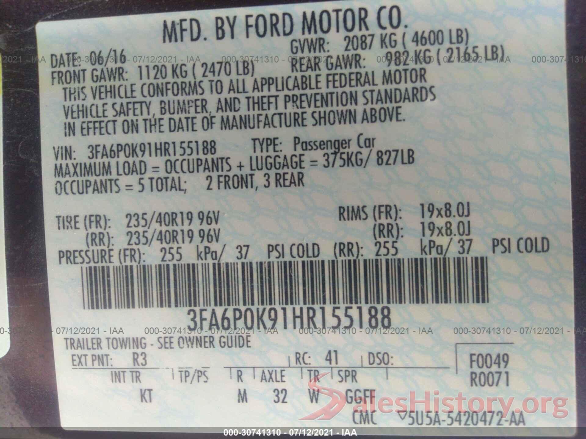 3FA6P0K91HR155188 2017 FORD FUSION