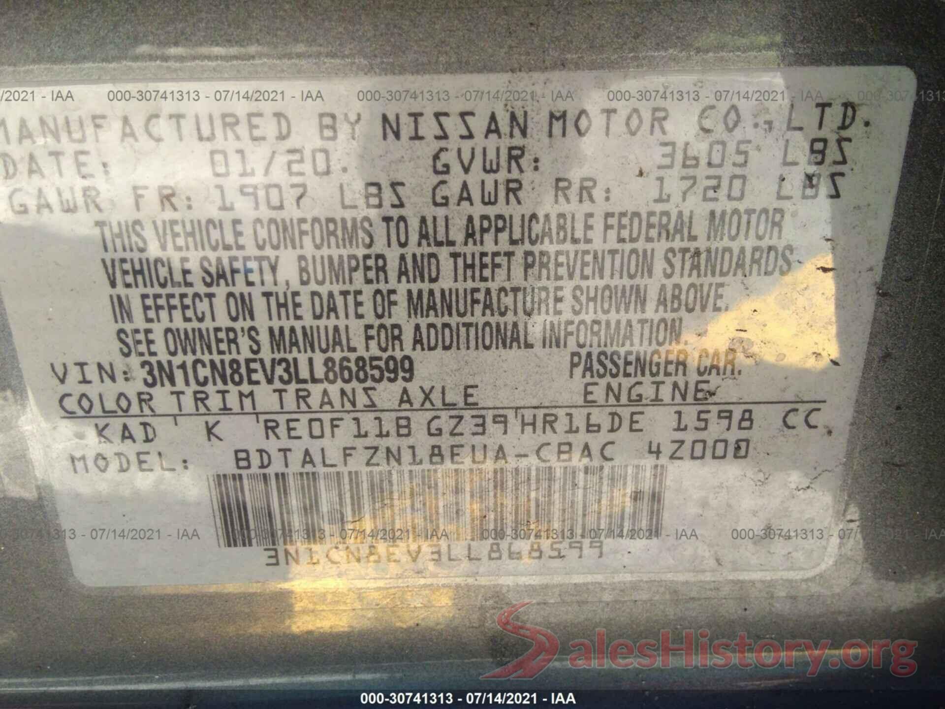 3N1CN8EV3LL868599 2020 NISSAN VERSA