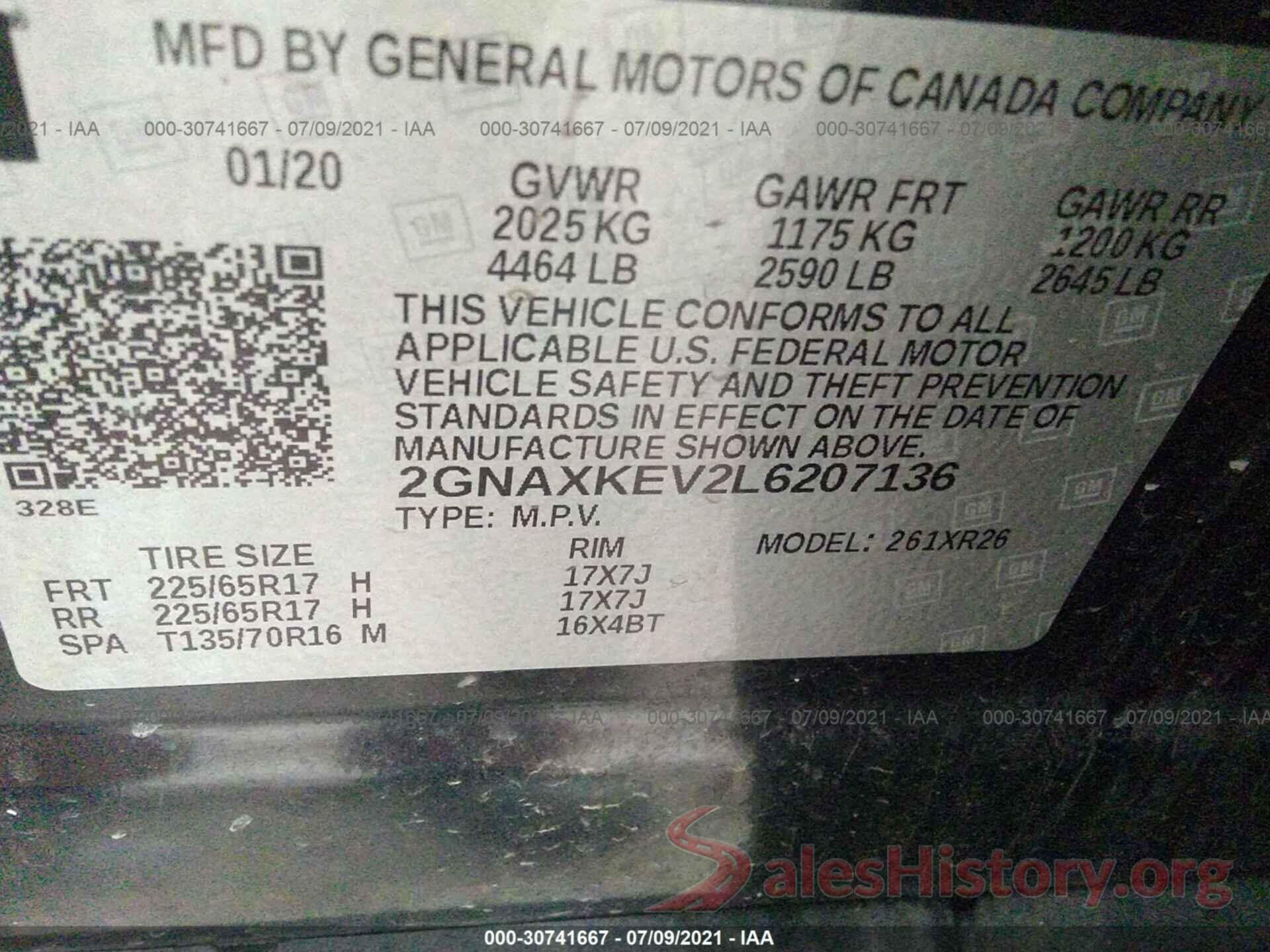 2GNAXKEV2L6207136 2020 CHEVROLET EQUINOX