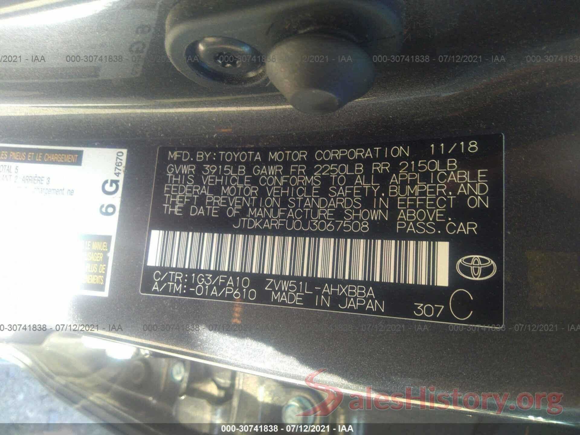 JTDKARFU0J3067508 2018 TOYOTA PRIUS