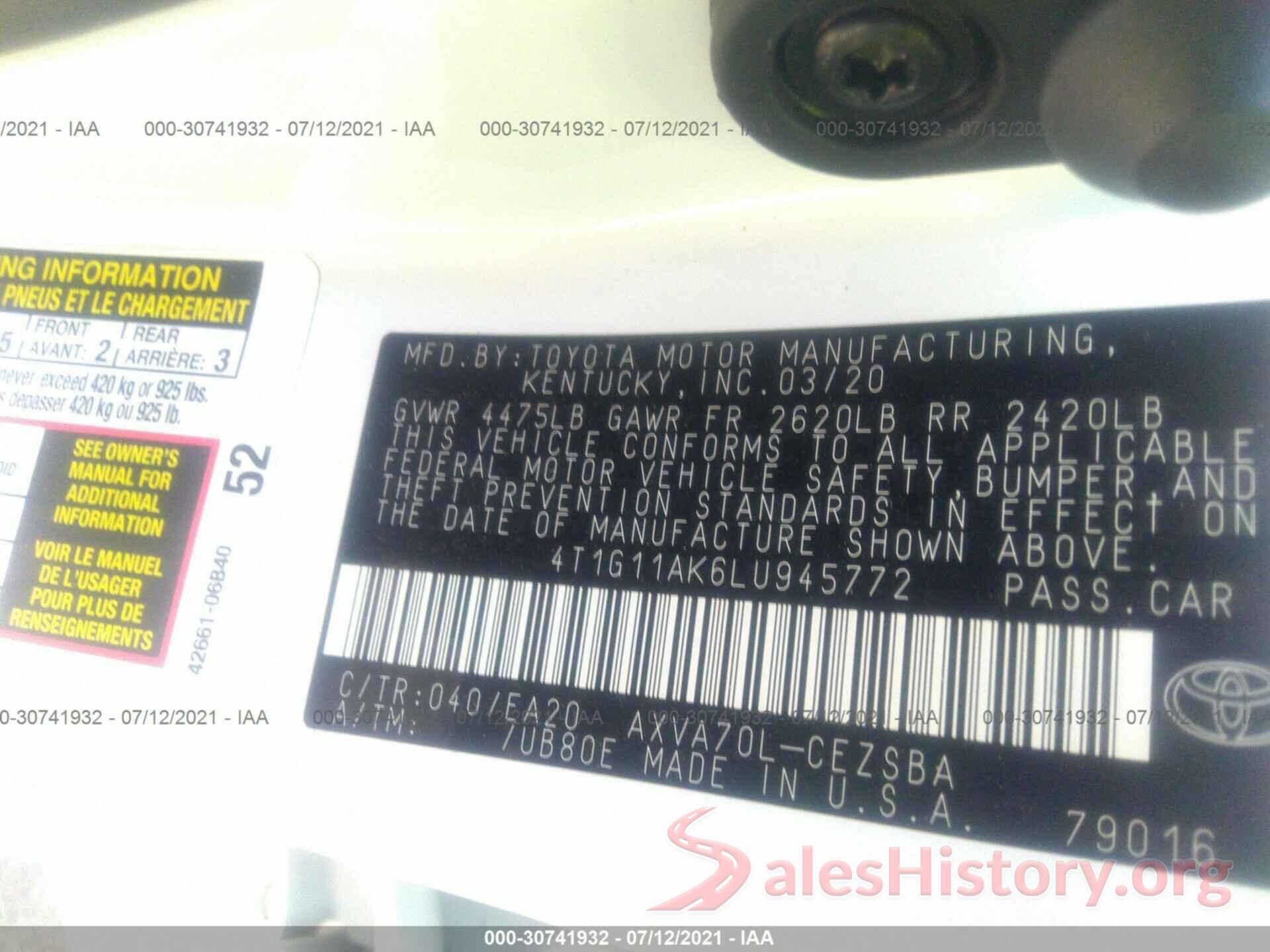 4T1G11AK6LU945772 2020 TOYOTA CAMRY