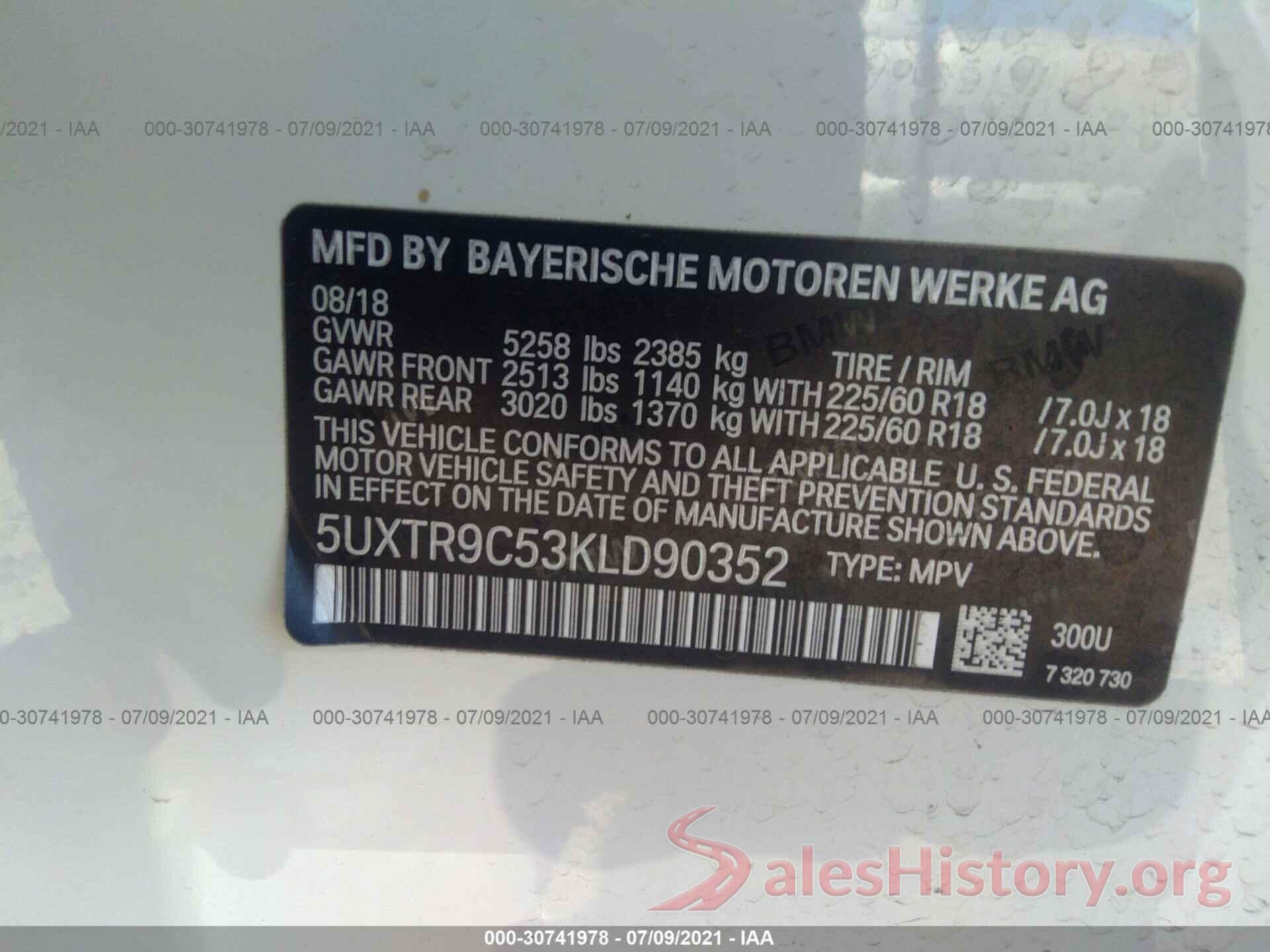 5UXTR9C53KLD90352 2019 BMW X3