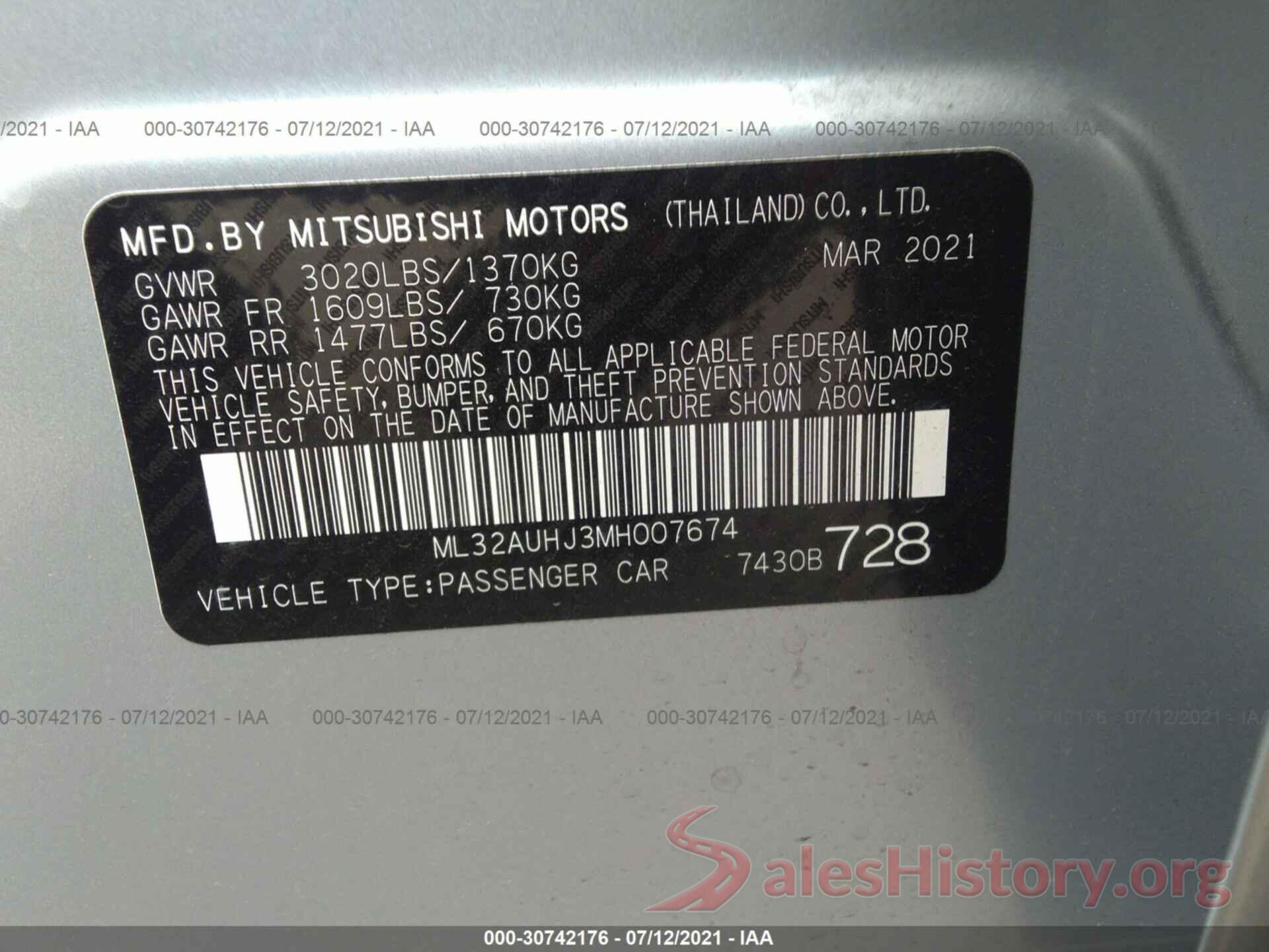 ML32AUHJ3MH007674 2021 MITSUBISHI MIRAGE