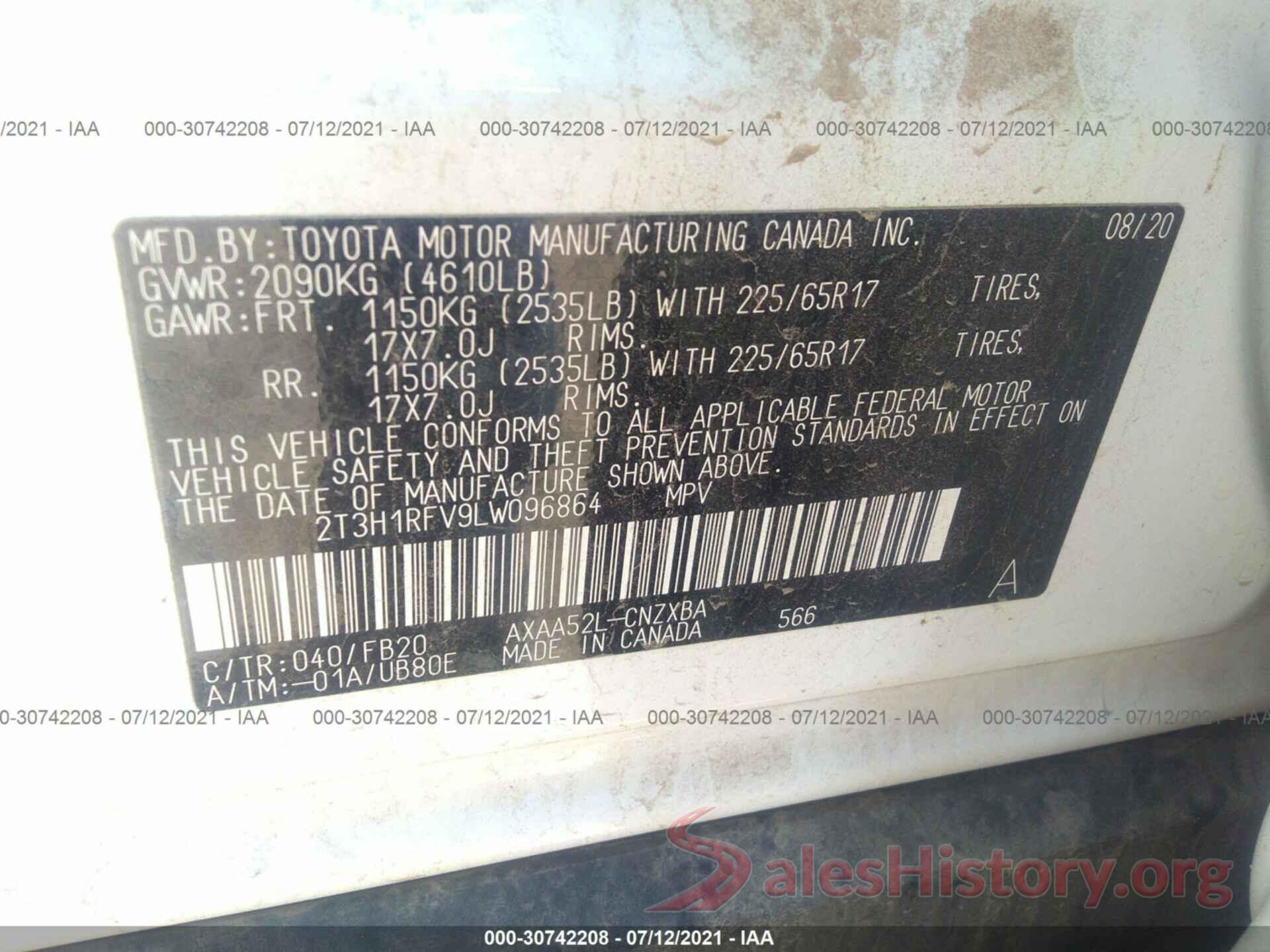 2T3H1RFV9LW096864 2020 TOYOTA RAV4