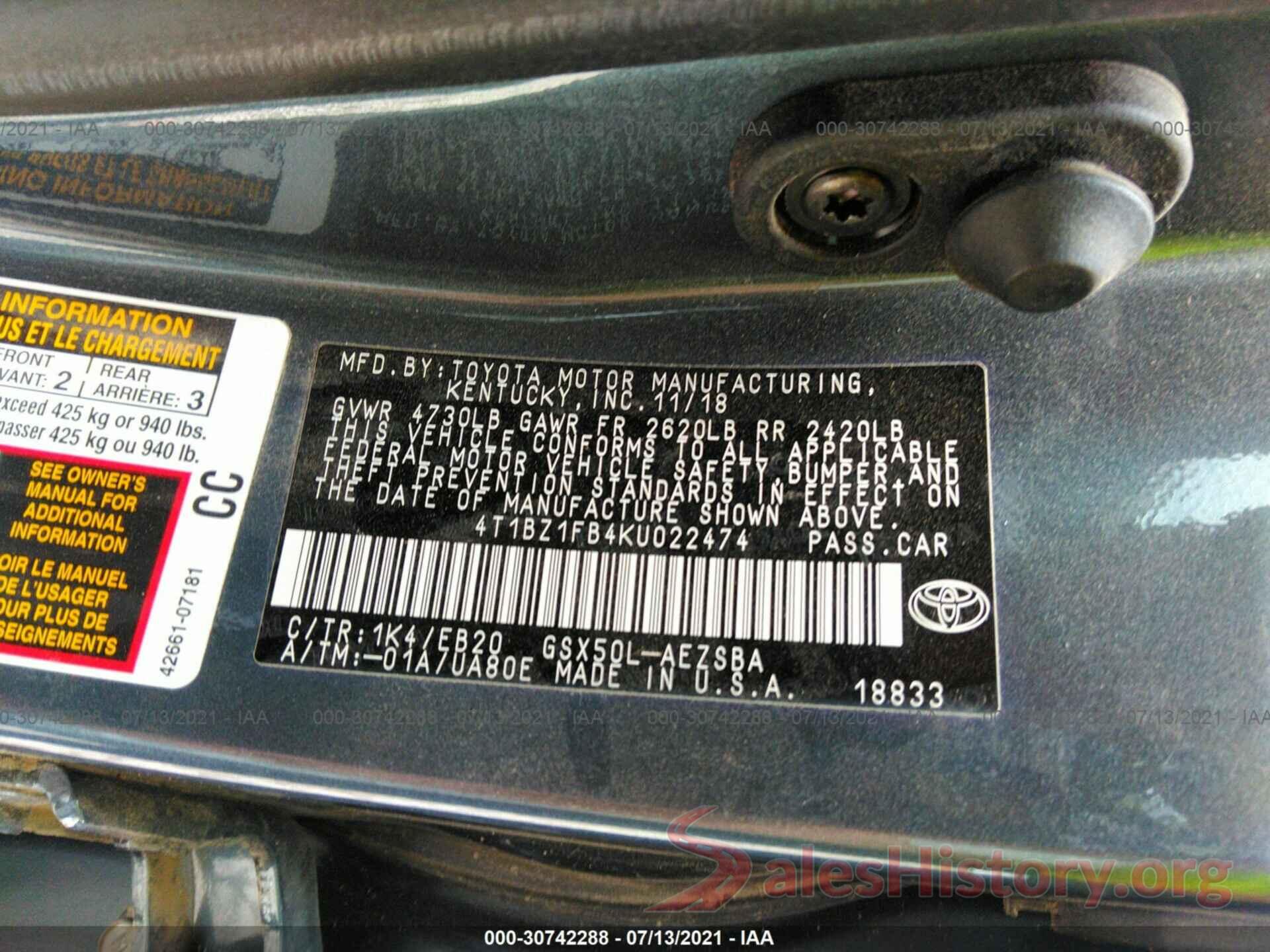 4T1BZ1FB4KU022474 2019 TOYOTA AVALON