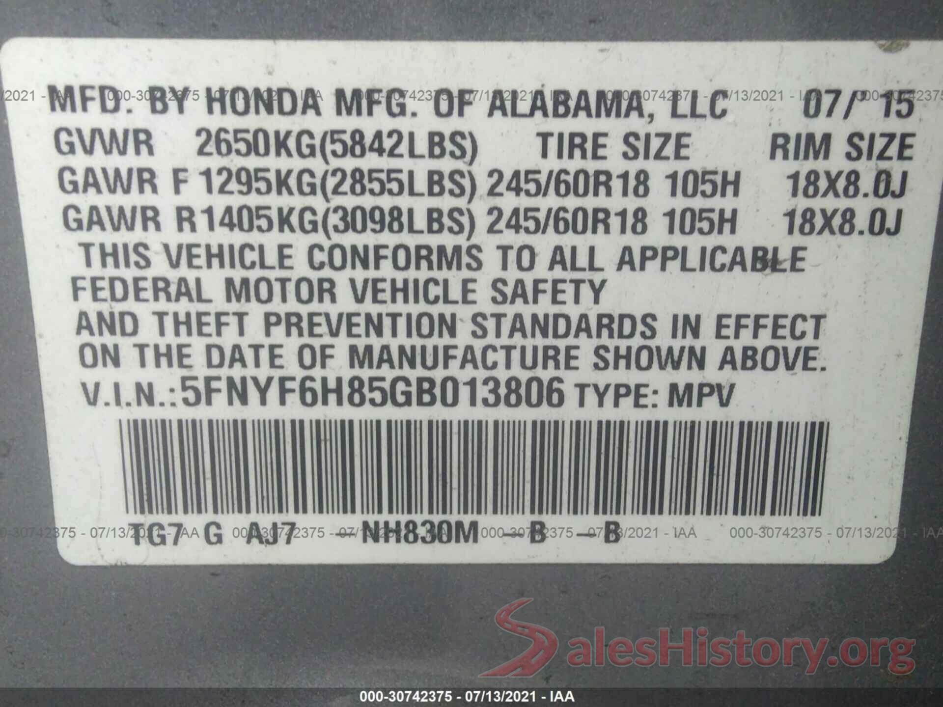 5FNYF6H85GB013806 2016 HONDA PILOT