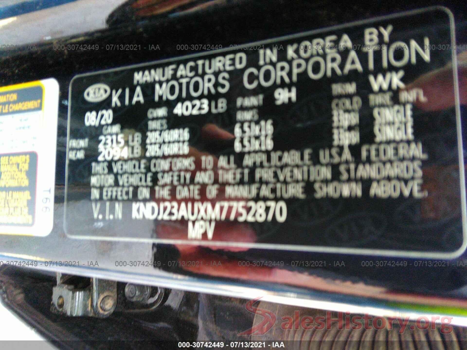 KNDJ23AUXM7752870 2021 KIA SOUL