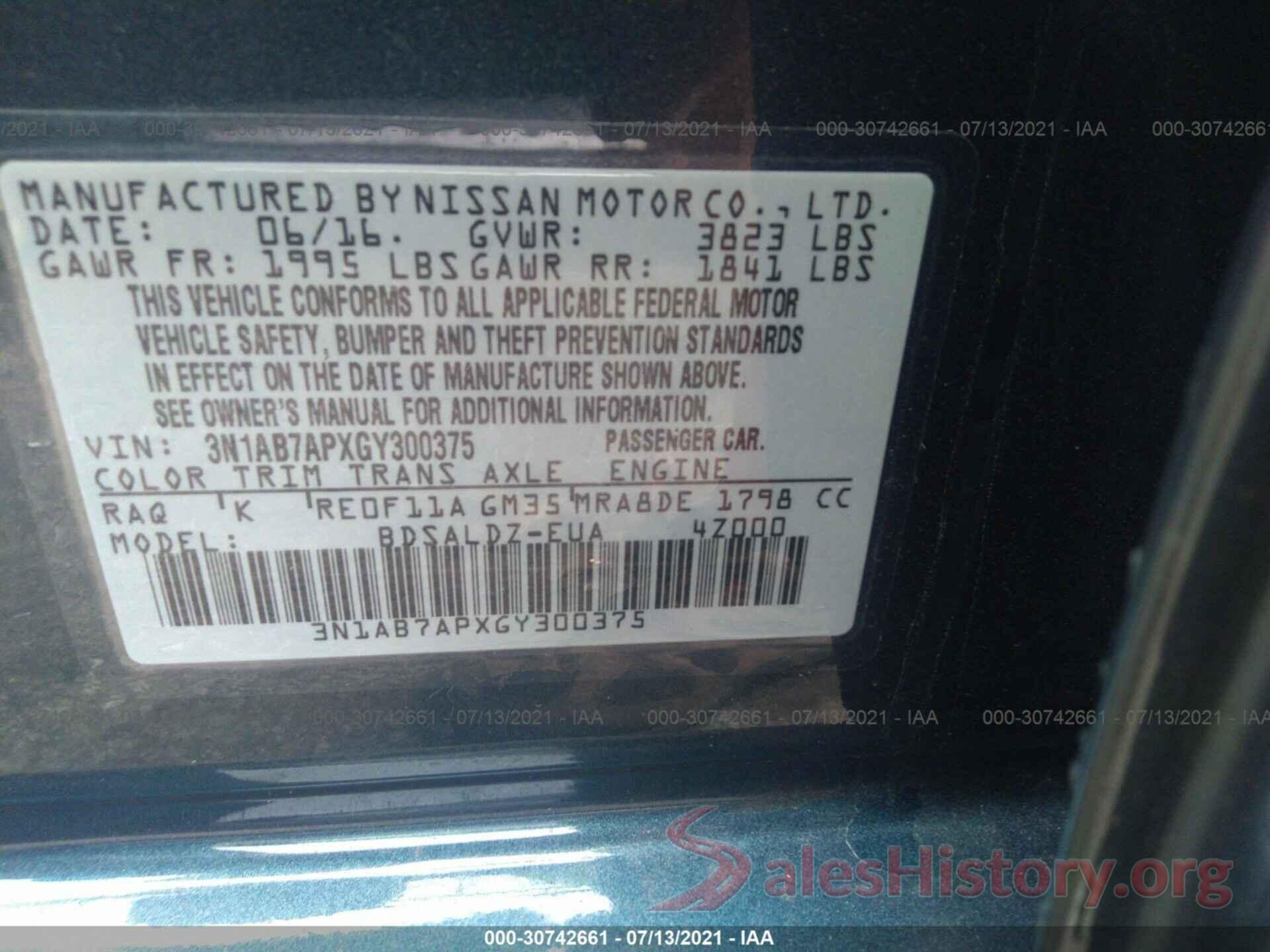 3N1AB7APXGY300375 2016 NISSAN SENTRA