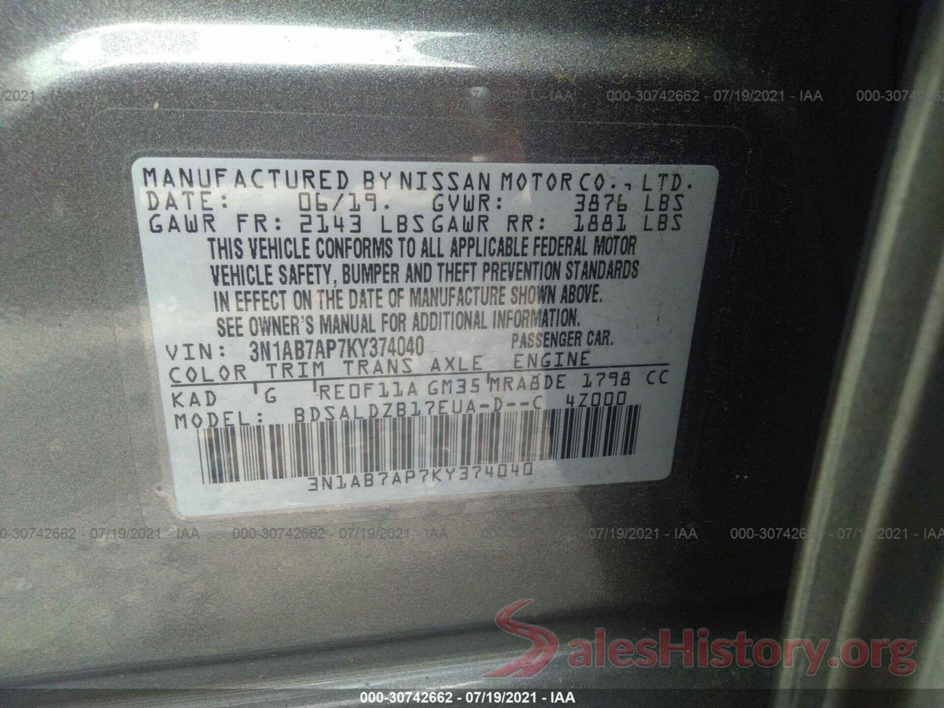 3N1AB7AP7KY374040 2019 NISSAN SENTRA