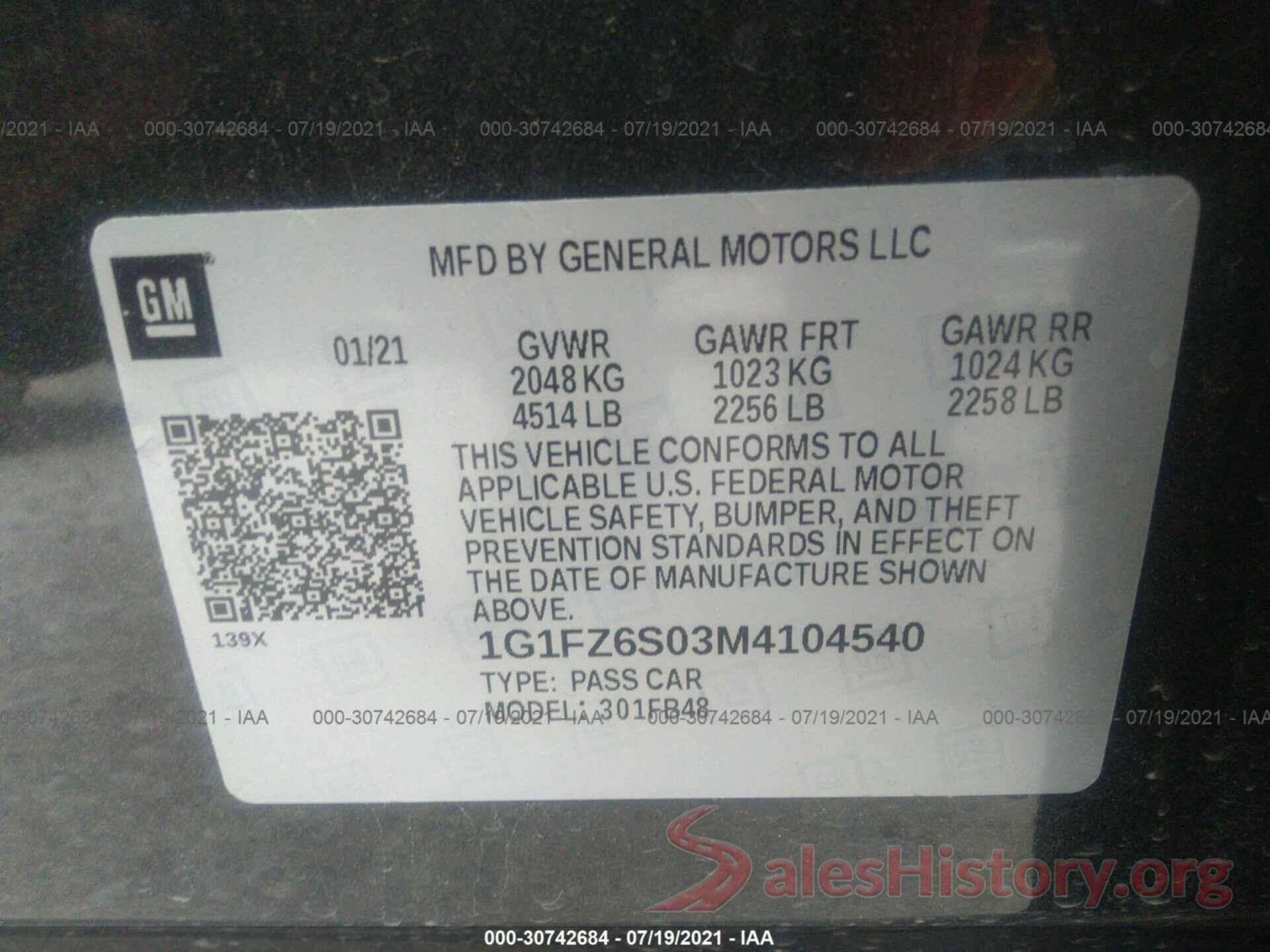 1G1FZ6S03M4104540 2021 CHEVROLET BOLT EV