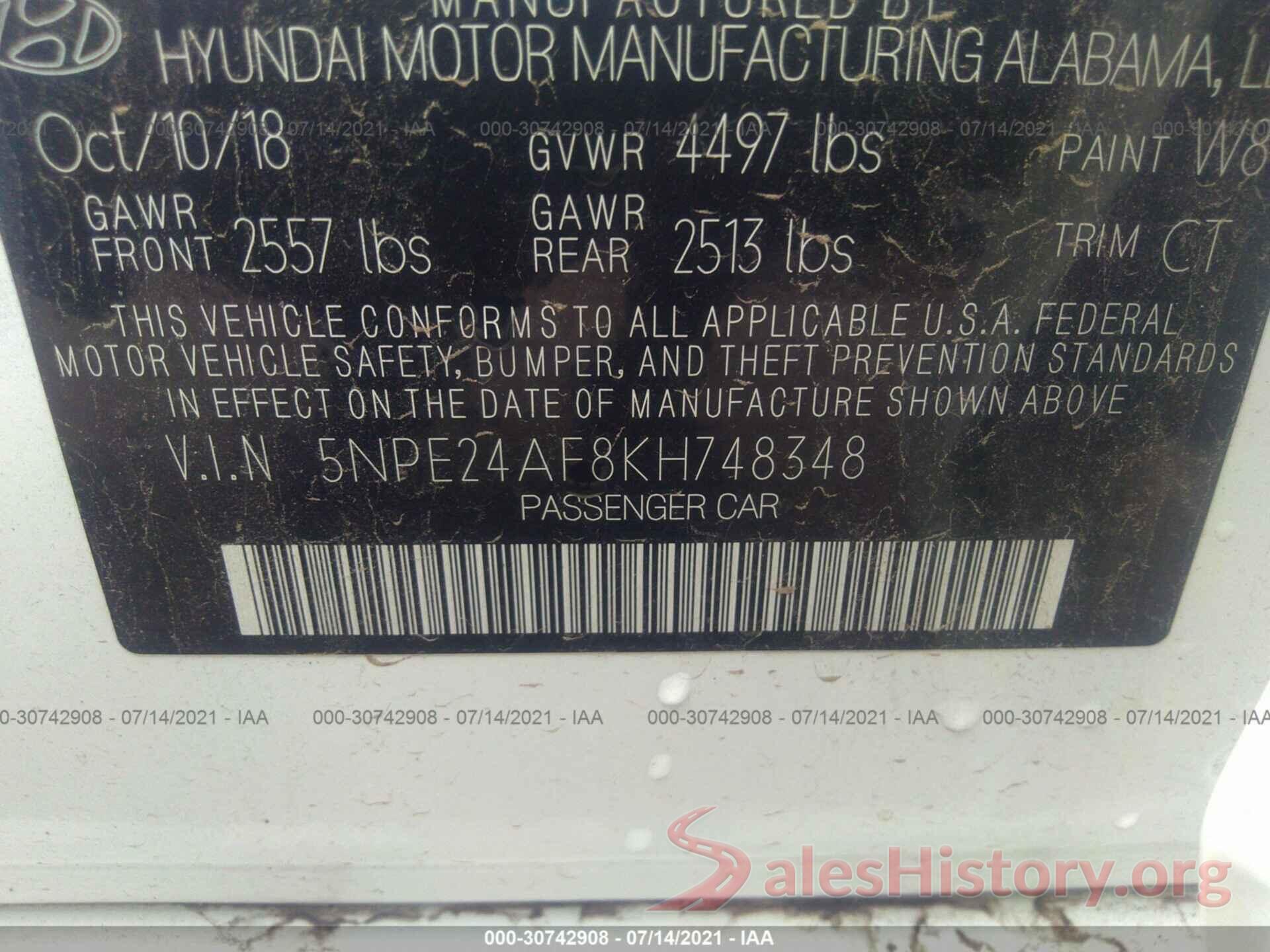 5NPE24AF8KH748348 2019 HYUNDAI SONATA