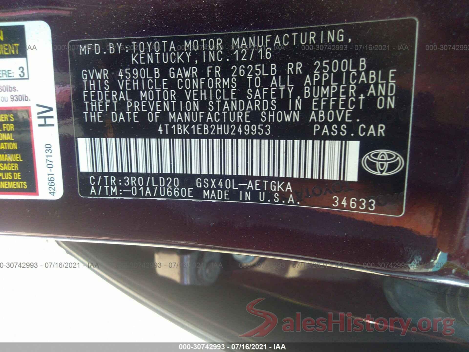 4T1BK1EB2HU249953 2017 TOYOTA AVALON