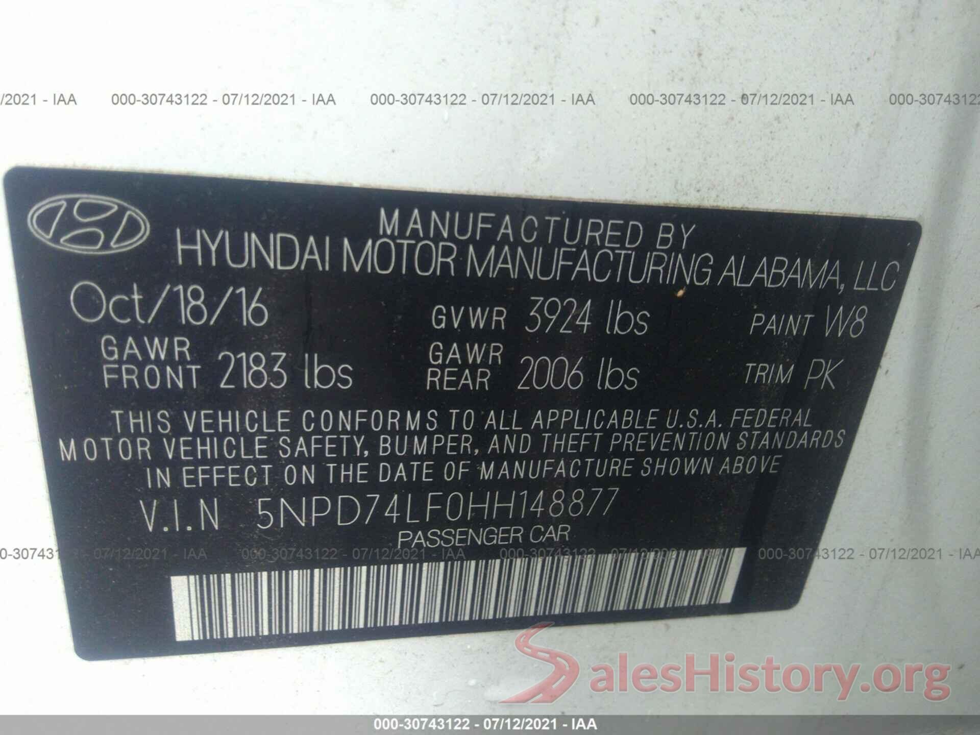 5NPD74LF0HH148877 2017 HYUNDAI ELANTRA