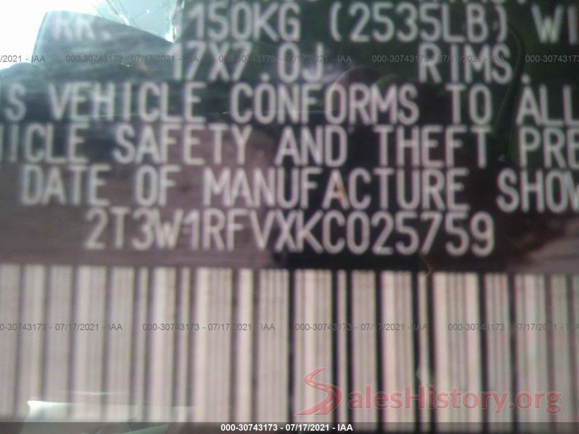 2T3W1RFVXKC025759 2019 TOYOTA RAV4