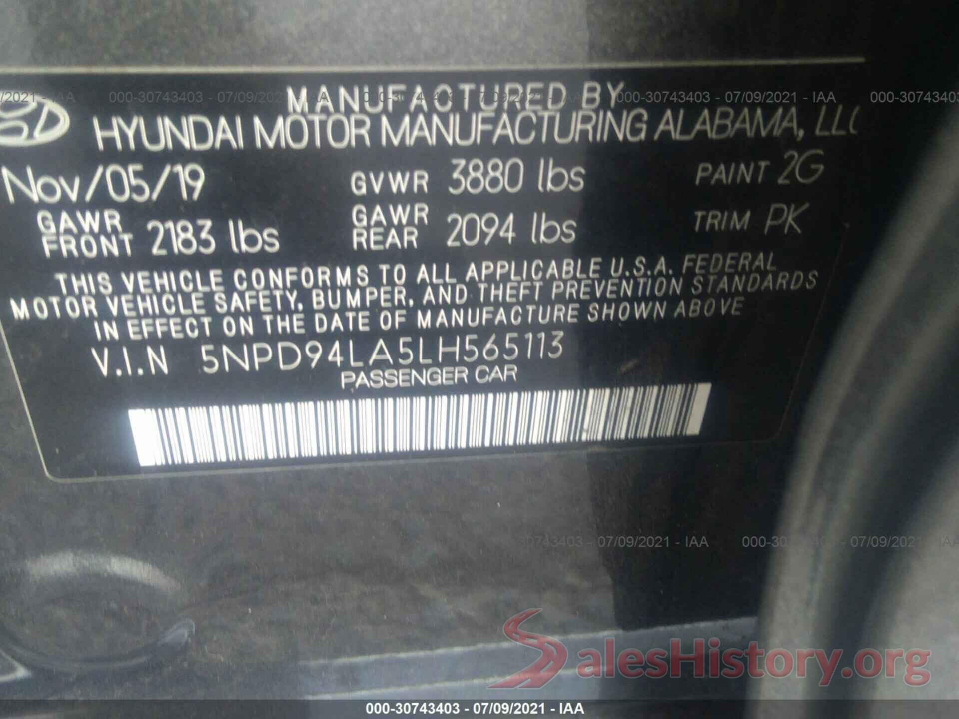 5NPD94LA5LH565113 2020 HYUNDAI ELANTRA