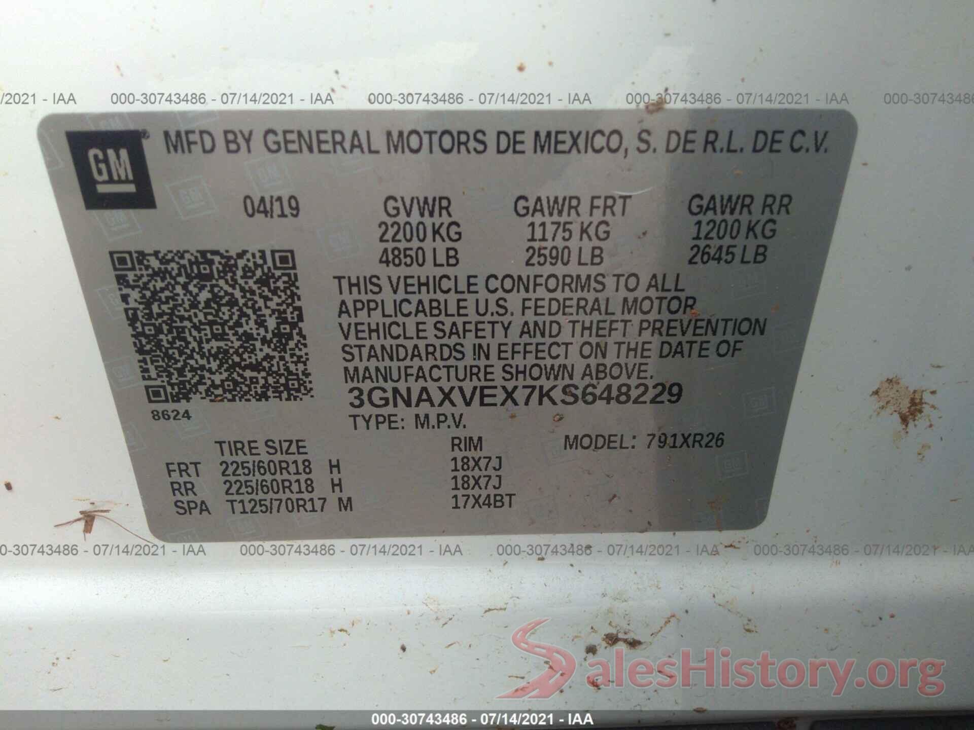 3GNAXVEX7KS648229 2019 CHEVROLET EQUINOX