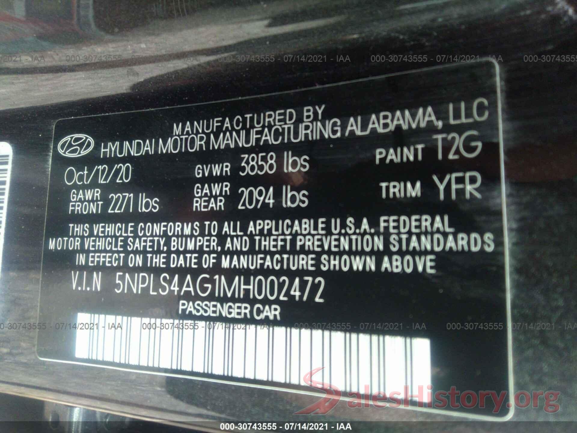 5NPLS4AG1MH002472 2021 HYUNDAI ELANTRA