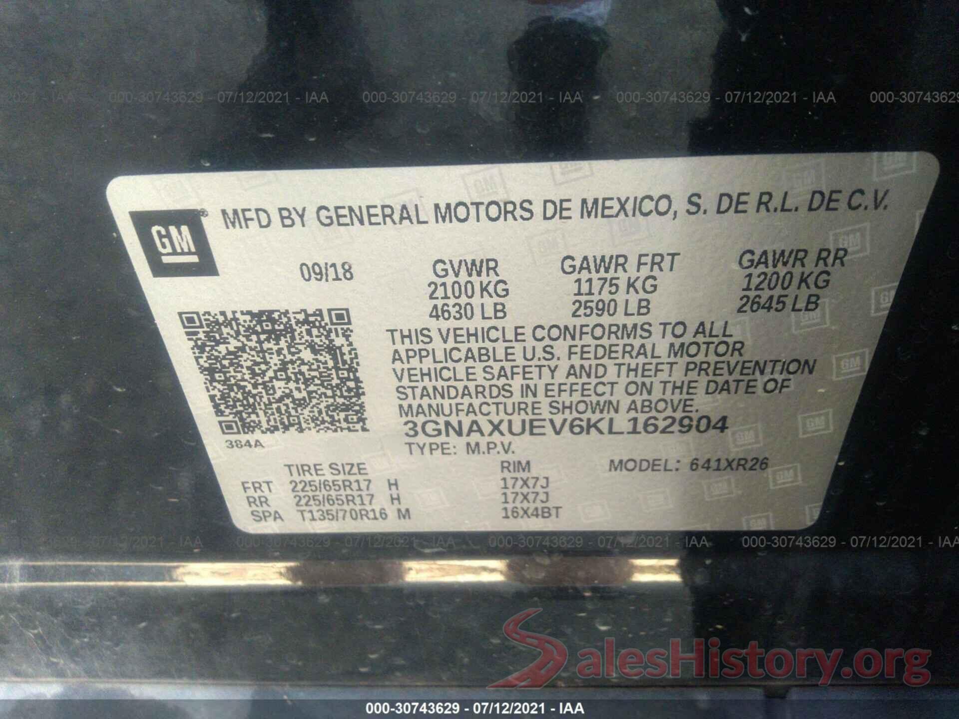 3GNAXUEV6KL162904 2019 CHEVROLET EQUINOX